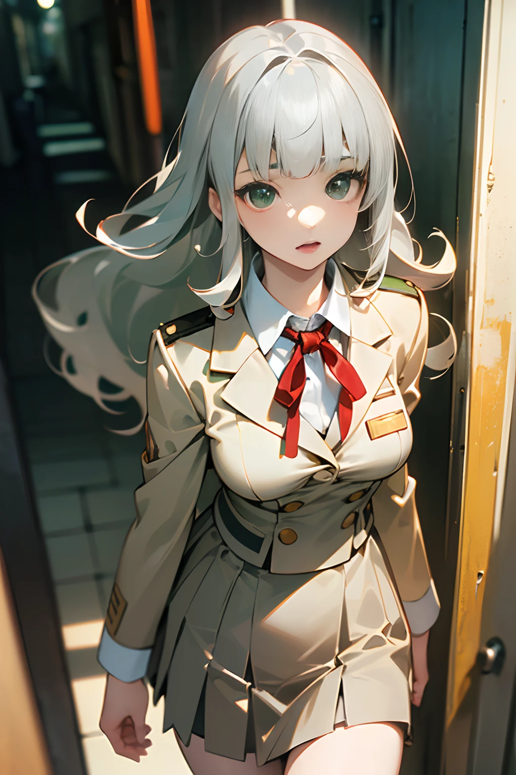 ((Masterpiece)), (Professional Photography, photorealistic:1.2), (High Definition:1.3), best quality, 8K, (from above, wide shot), Textured skin, cinematic lighting, (1girl, short stature), cute girl, (very blunt bangs, slightly loose curls hair, breasts length hair, high details of pale silver hair), (best quality face), very naughty face, brush, ((beautiful green eyes, drooping eyes)), slender waist, ((wear uniform very slovenly)), (pale Ivory color blazer student's uniform, white blouse, brown skirt, red string ribbon on neck), ((vigorous walking pose on the lewd Narrow back alley))