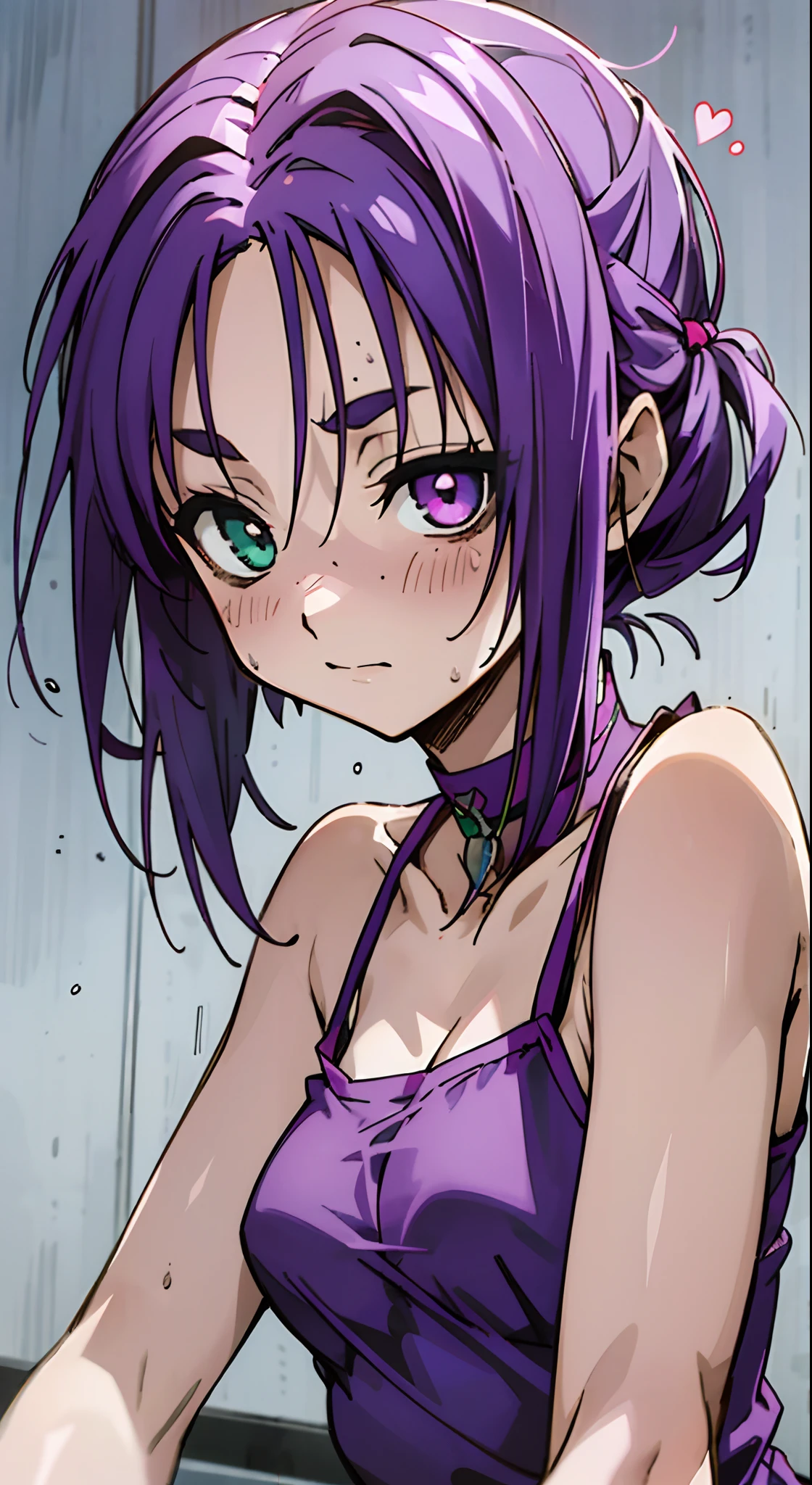 Masterpiece, Best quality, Ultra-detailed, Off-the-shoulder attire, Colorful,take up close, Hyper-detailing，purple color hair, reo mikage, bluelock, no sleeves, camisole, blue camisole, cheongsam, chinese clothes, chest exposure, underwear, Slit, the kinky is exposed, choker, arm covers, sexy breasts, scar, big breasts, red blush, 1girl, Solo, sharpy face, heterochromia, green eyes, purple eyes, Bare neck, happiness face, heart pose