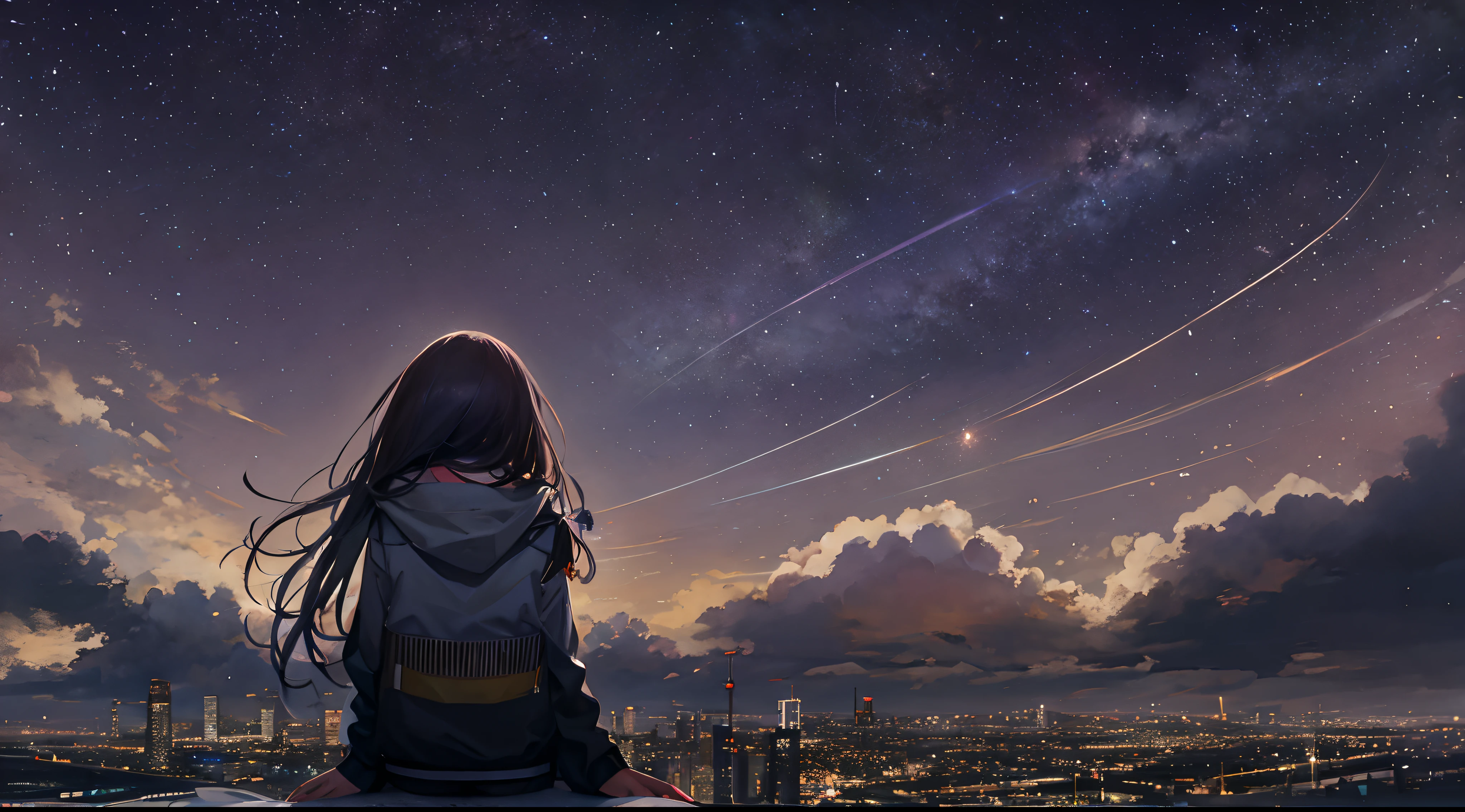 octans, sky, star (sky), scenery, starry sky, night, 1girl, night sky, solo, outdoors, building, cloud, milky way, sitting, tree, long hair, city, silhouette, cityscape
