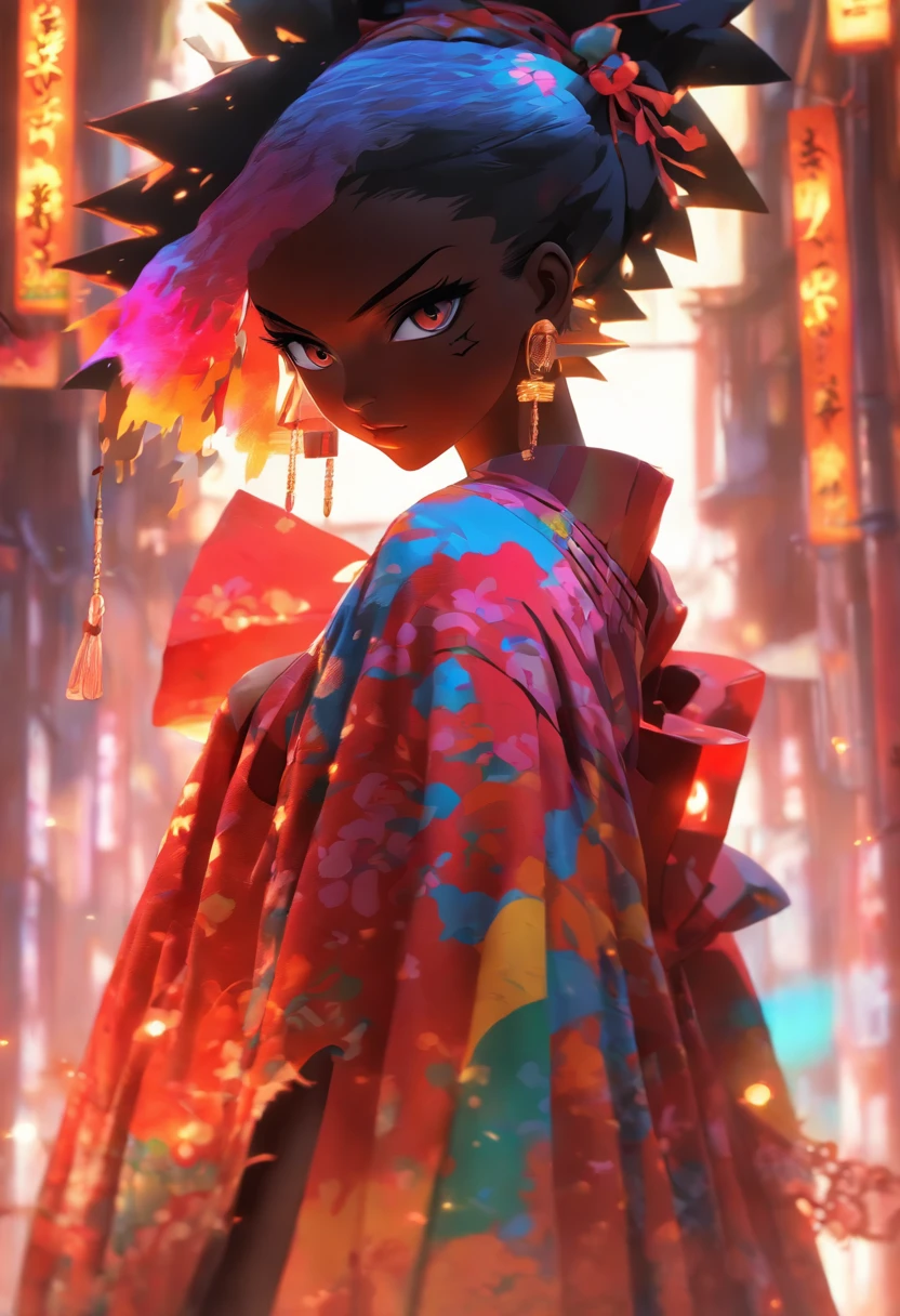 beautiful horror girl, blood kimono miko, dark skin, (big tit), rainbow short hair, bone poncho, dark limbo, sexy pose, 8k