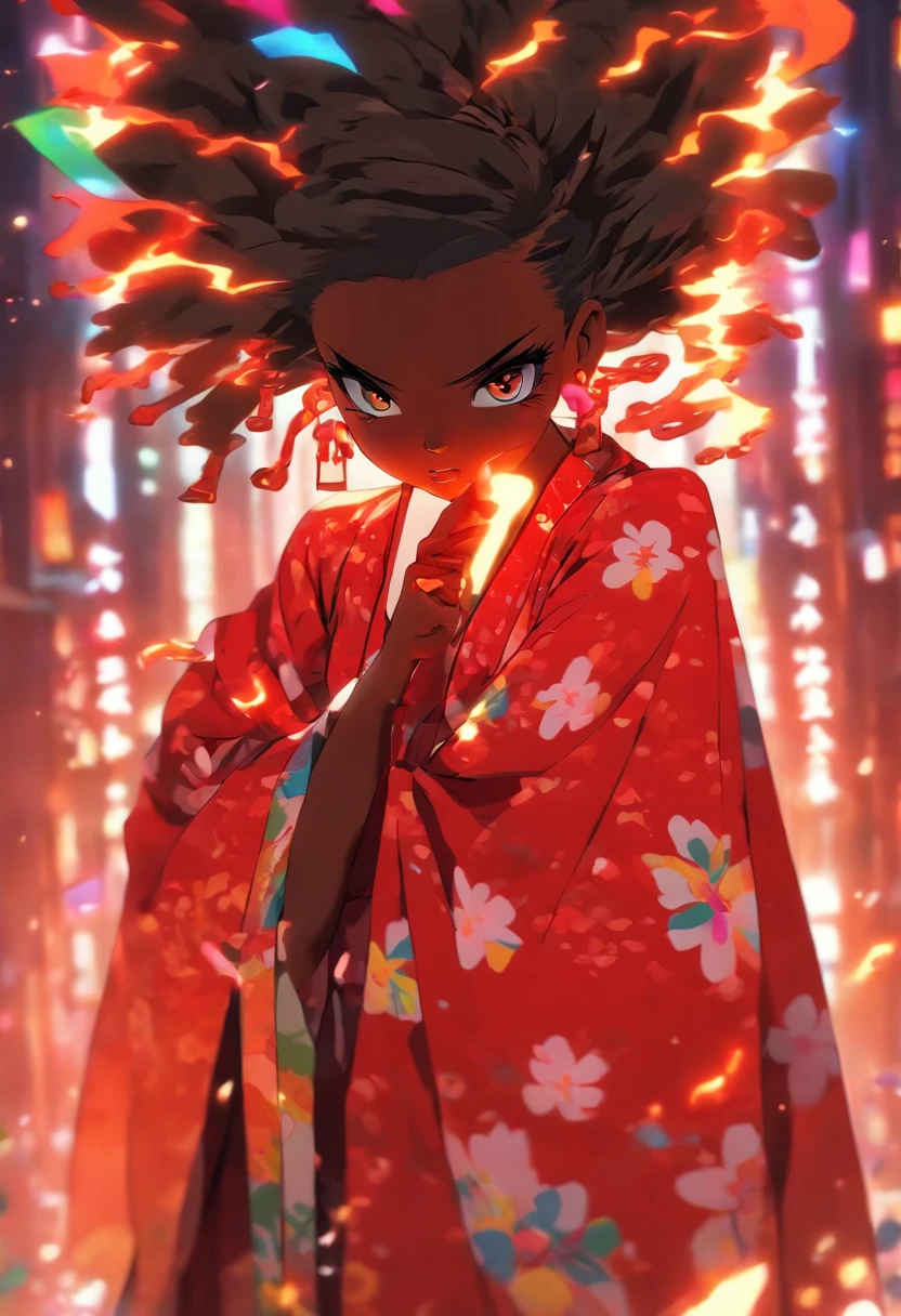 beautiful horror girl, blood kimono miko, dark skin, (big tit), rainbow short hair, bone poncho, dark limbo, sexy pose, 8k