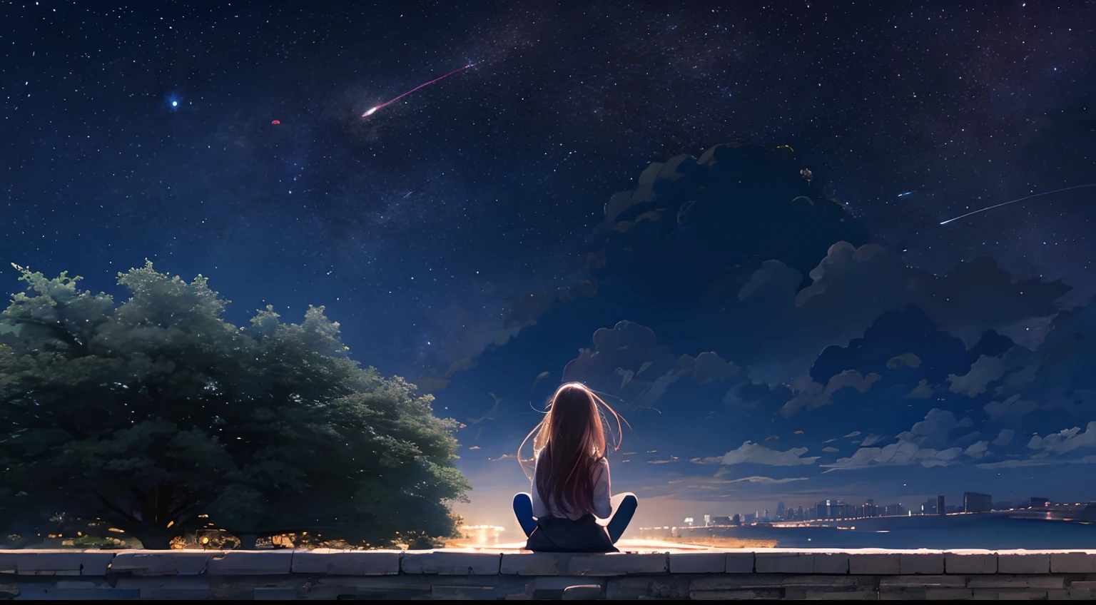 octans, sky, star (sky), scenery, starry sky, night, 1girl, night sky, solo, outdoors, building, cloud, milky way, sitting, tree, long hair, city, silhouette, cityscape