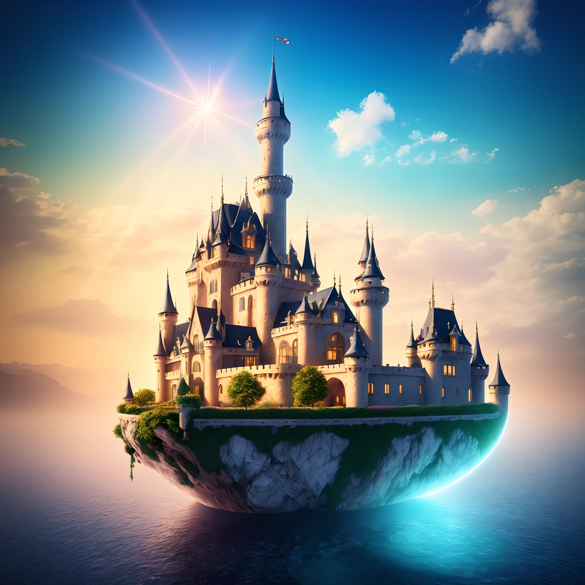 A castle made entirely of pure crystal and gemstones, with transparent walls that reflect the brilliant colors of the rainbow in the sky. The light shines through the crystal structure, casting mesmerizing rays and creating intricate patterns that make the entire castle glisten with otherworldly beauty. The castle floats in the air, giving a sense of illusion and reality intertwining, as if it belongs to a magical world straight out of a fairy tale. (best quality,4k,8k,highres,masterpiece:1.2),ultra-detailed,(realistic,photorealistic,photo-realistic:1.37),HDR,UHD,studio lighting,ultra-fine painting,sharp focus,physically-based rendering,extreme detail description,professional,vivid colors,bokeh,crystal-clear walls,reflective surfaces,shimmering appearance,rainbow colors,magical aura,ethereal landscape,floating castle,illusion and reality.