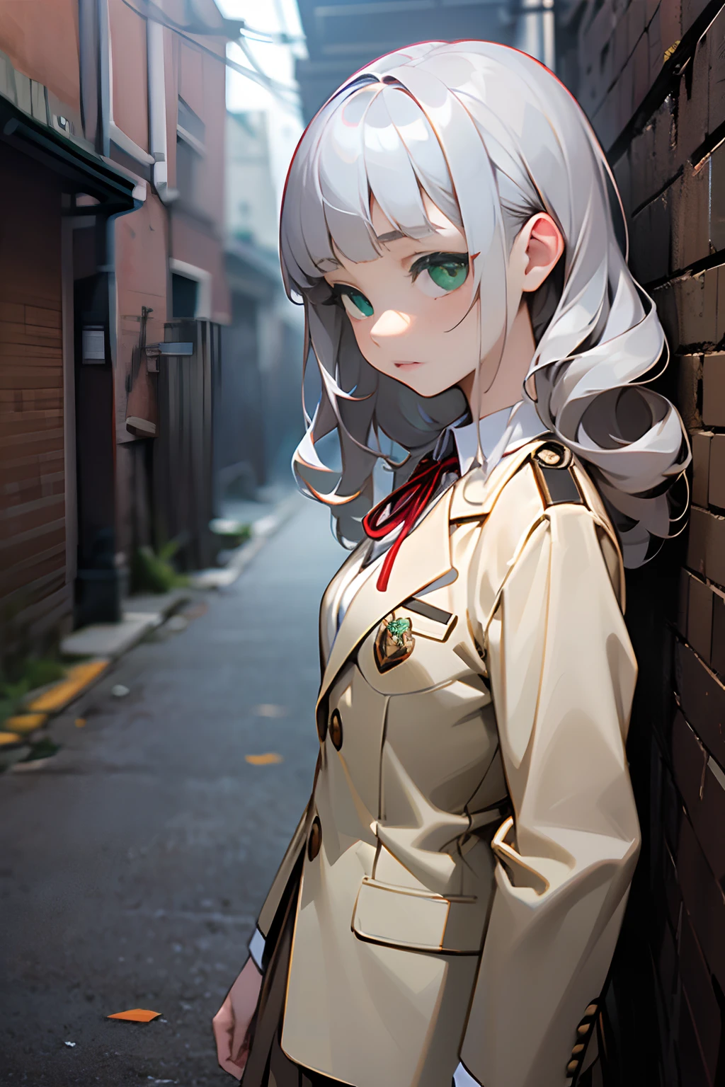 ((Masterpiece)), (Professional Photography, photorealistic:1.2), (High Definition:1.3), best quality, 8K, (from side, wide shot), Textured skin, cinematic lighting, (1girl, short stature), cute little teenage girl, (very blunt bangs, slightly loose curls hair, breasts length hair, high details of pale silver hair), (best quality face), very naughty face, brush, ((beautiful green eyes, drooping eyes)), slender waist, ((wear uniform very slovenly)), (pale Ivory color blazer student's uniform, white blouse, brown skirt, red string ribbon on neck), ((vigorous walking pose on the Terribly creepy dark back alley))