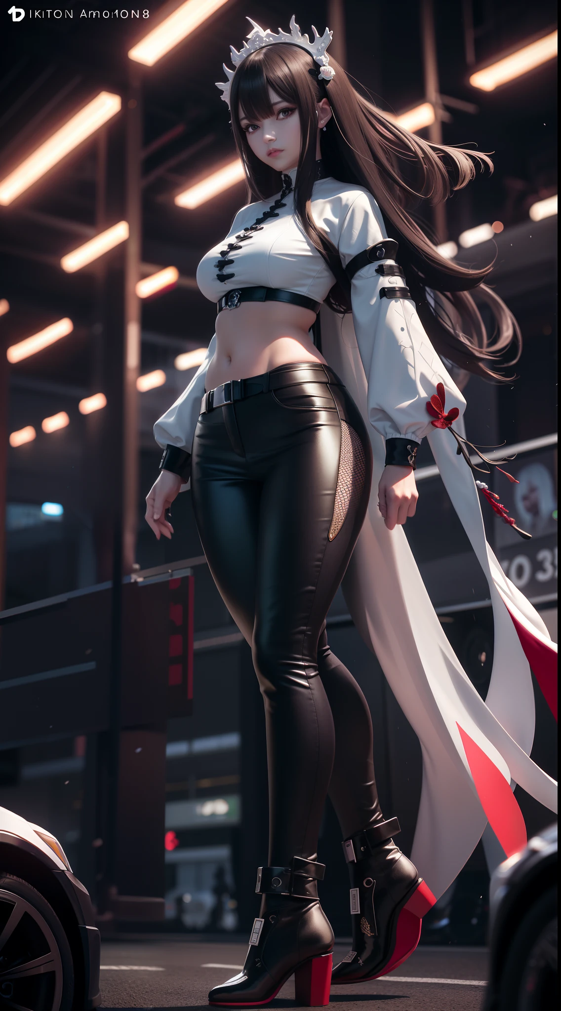 A woman in a white blouse and black pants stands in front of the car,Particularly slender legs, trending on cgstation, 8k octae render photo, 8 k character details, 8K high quality detailed art, 3 D rendering character art 8 K, photorealistic anime girl rendering, wlop and krenz cushart, full-body xianxia, WLOP and Sakimichan