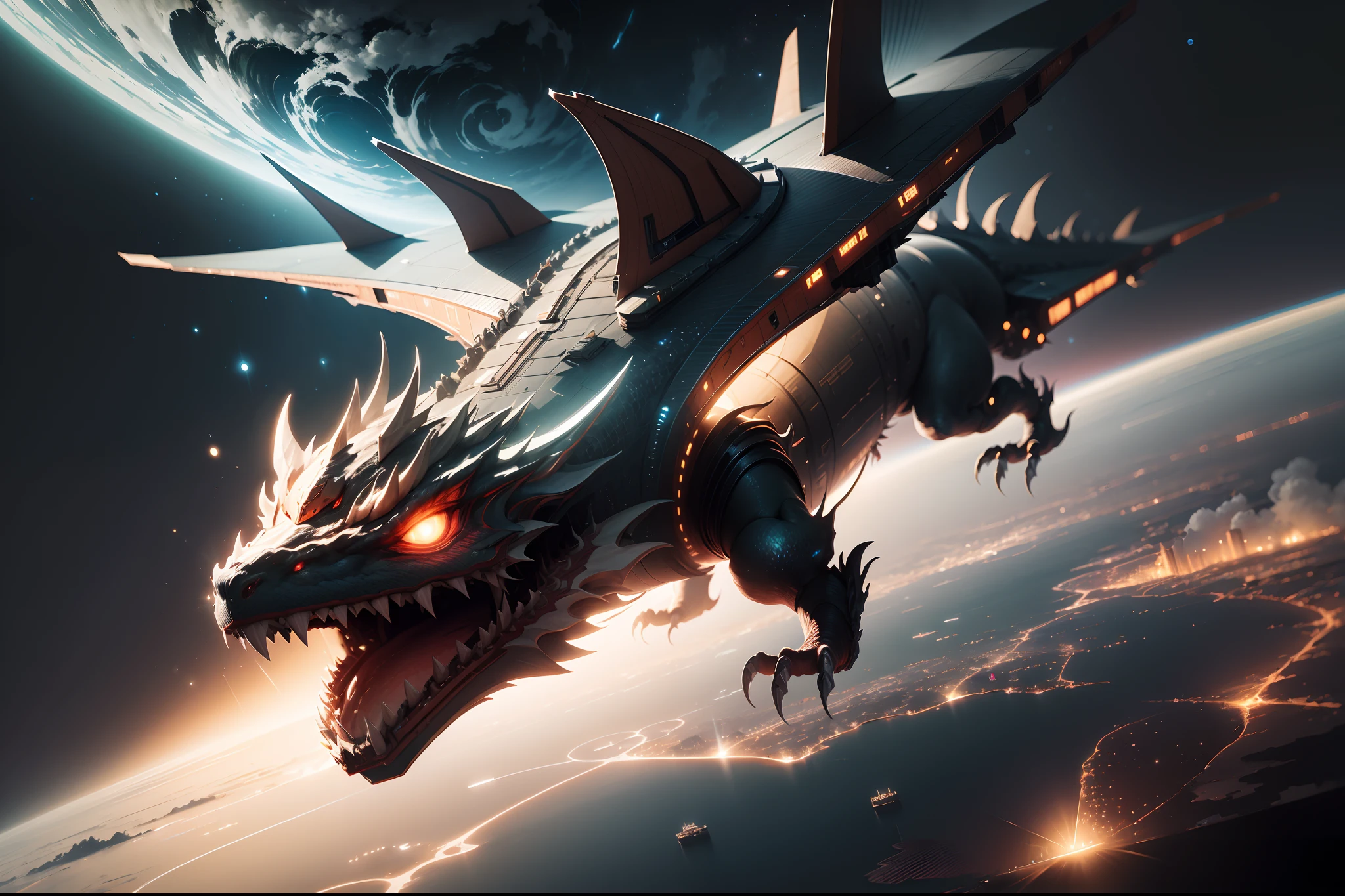 (((mechanical creature))), best quality, highly detailed, masterpiece, absurdres,8k, photorealistic, realistic,detailed skin texture,detailed pupils,HDR,natural lighting, future, flying car, galaxy, stars, cosmos, mechanical dragon,