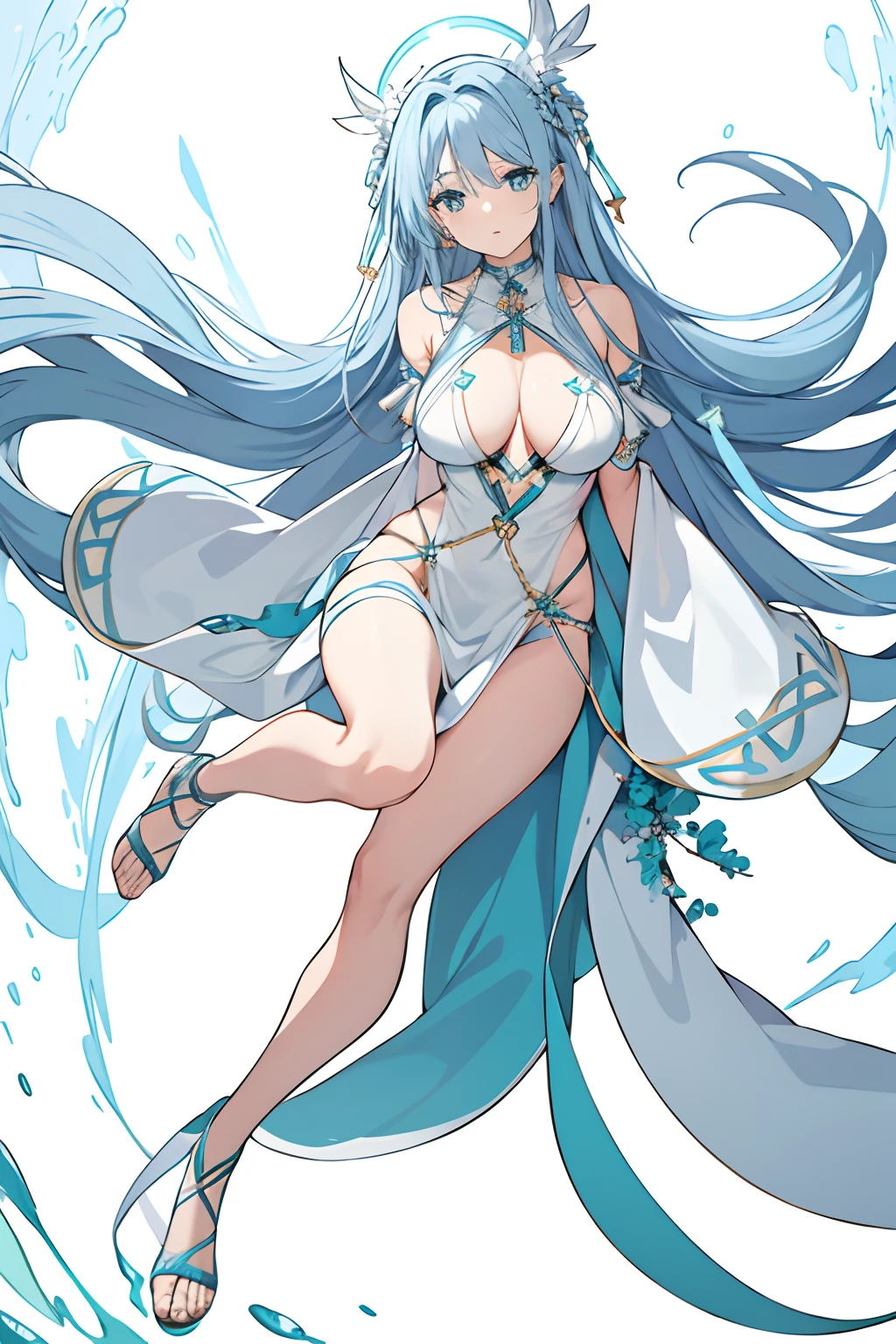 masterpiece, best quality,[(White background:1.4)::5],1girl,full body, blue long hair, teal eyes, full hd, healer, greek goddess