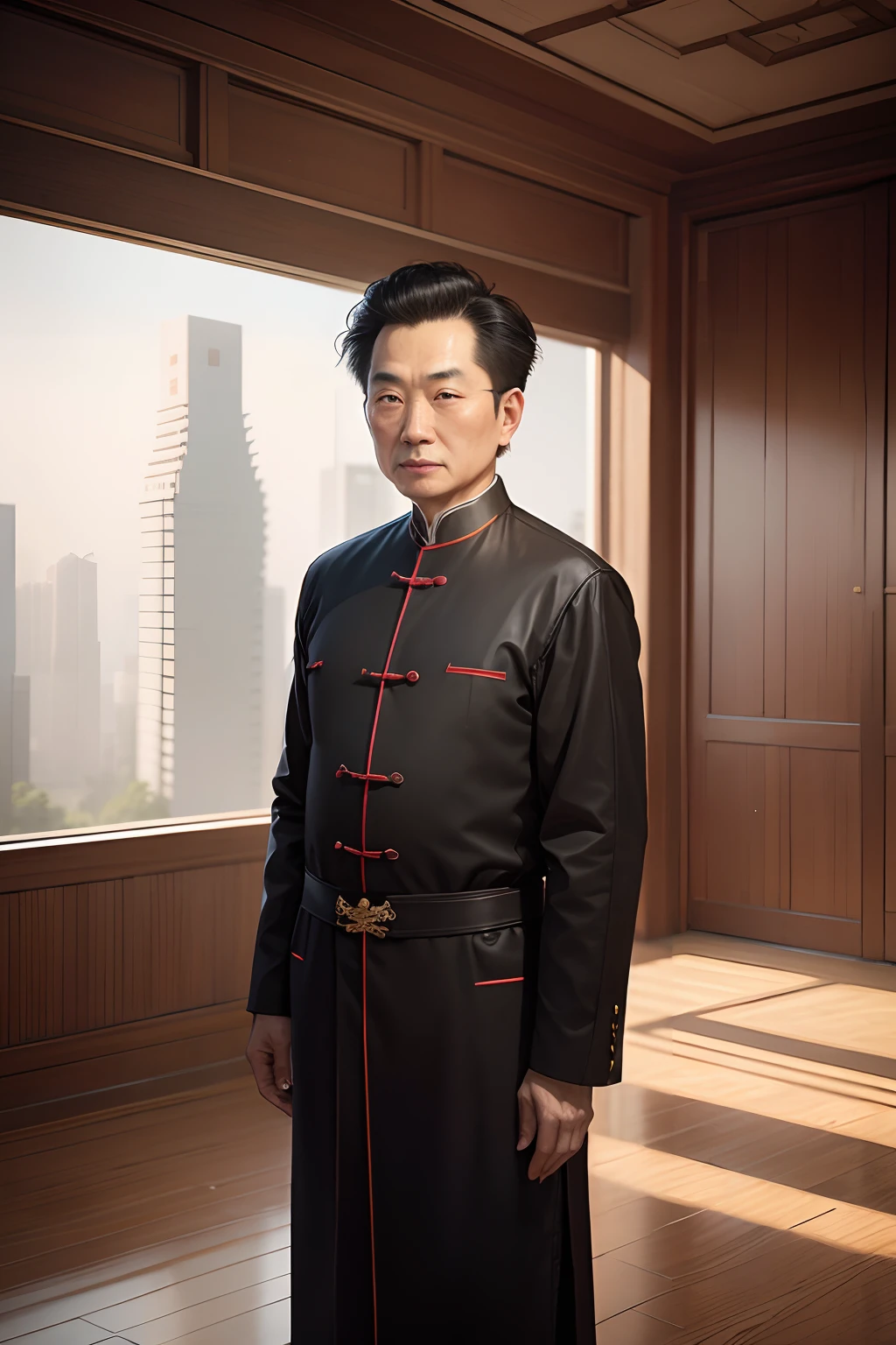 Chinese men,age 55,Full body portrait of a handsome middle-aged melancholic king,Black smooth back hair and trimmed stubble, Wear blue shorts, tanned, Bronzed skin, Barefoot, full bodyesbian, underwear:1.3,