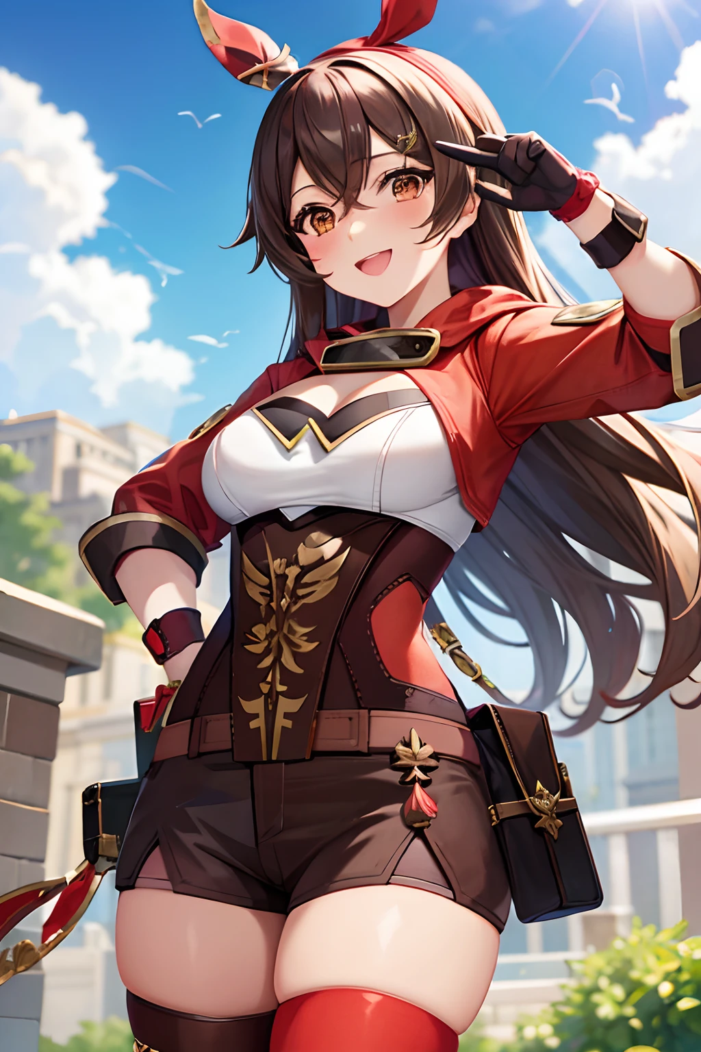 amber5star,  a smile, red blush, plein air, tag, simple background,