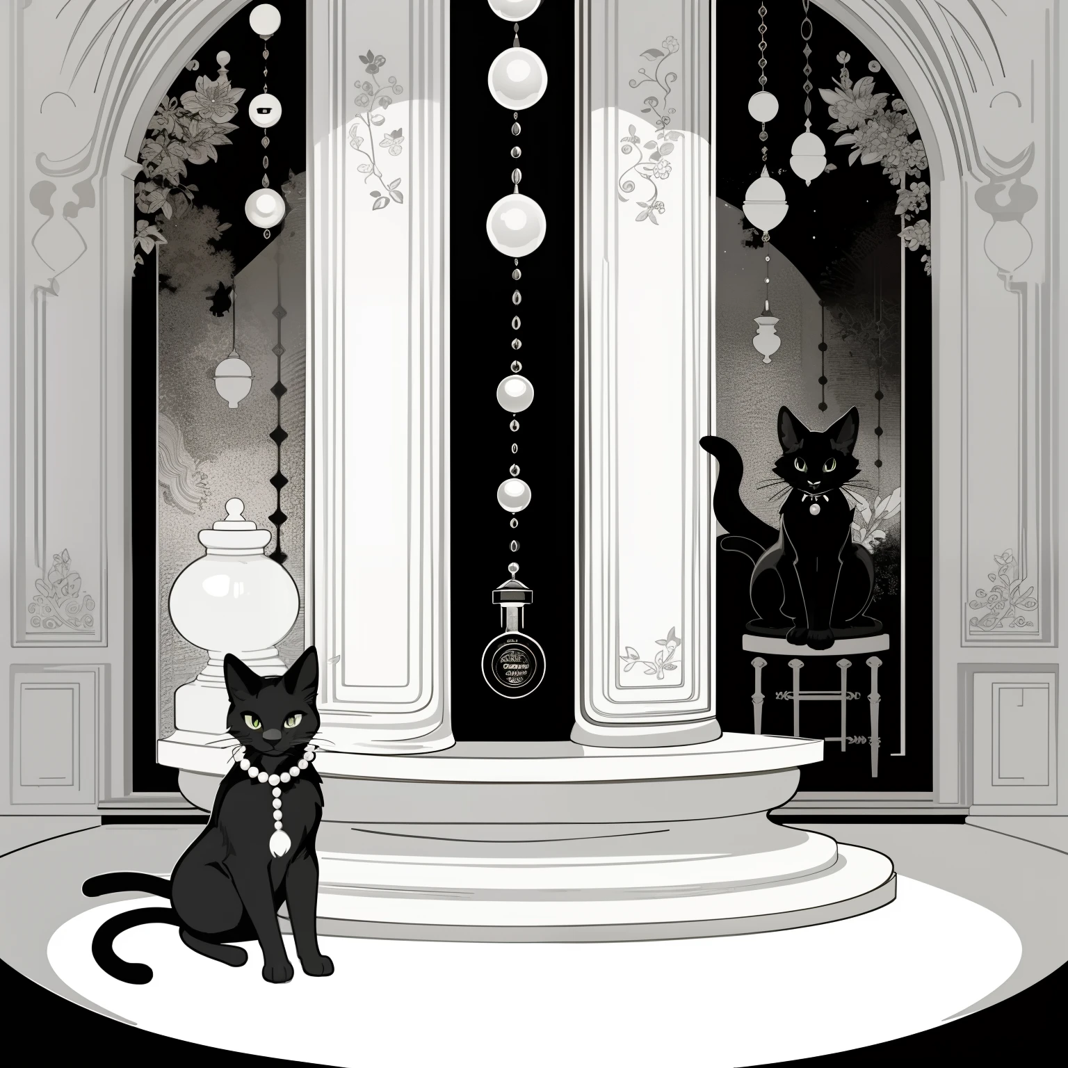 vector art, monochrome, black and white, arafed black cat sitting on a pedestal with a pearl necklace, elegant cat, 1920s advert, 1960s advertisement, luxury advertisement, magazine advertisement, 1960s perfume bottle ads,