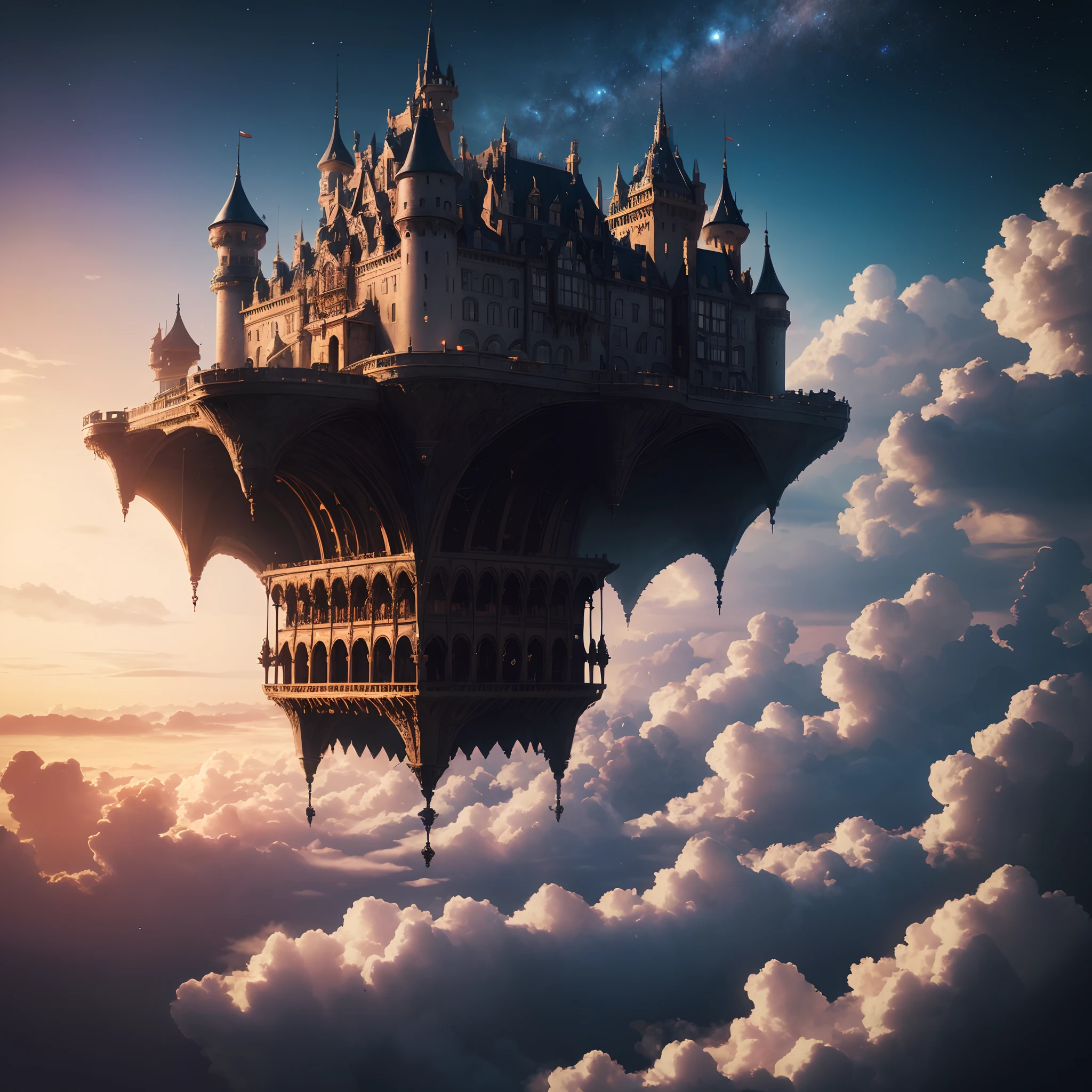 Underneath the boundless starry sky, a mobile castle gently hovers above an ethereal sea of clouds. The castle is colossal and magnificent, constructed from shimmering gemstones and steel, with each detail showcasing exquisite craftsmanship. As the castle moves, immense mechanical gears turn, propelling countless lights and mechanisms within the castle, creating fantastical effects and a mysterious ambiance. In this scene, the universe and the castle merge, intertwining light and shadow, immersing one in endless contemplation.

(sockets:1.1), (best quality,4k,8k,highres,masterpiece:1.2), (realistic,photorealistic,photo-realistic:1.37), magical, (moving,floating), enormous, colossal, magnificent, (shimmering,glistening), gemstones, steel, intricate craftsmanship, ethereal, (gentle,gently), hovers, (mechanical,gears), mechanisms, fantastical effects, (mysterious,ethereal) ambiance, universe, merge, intertwining, (endless,infinite) contemplation.