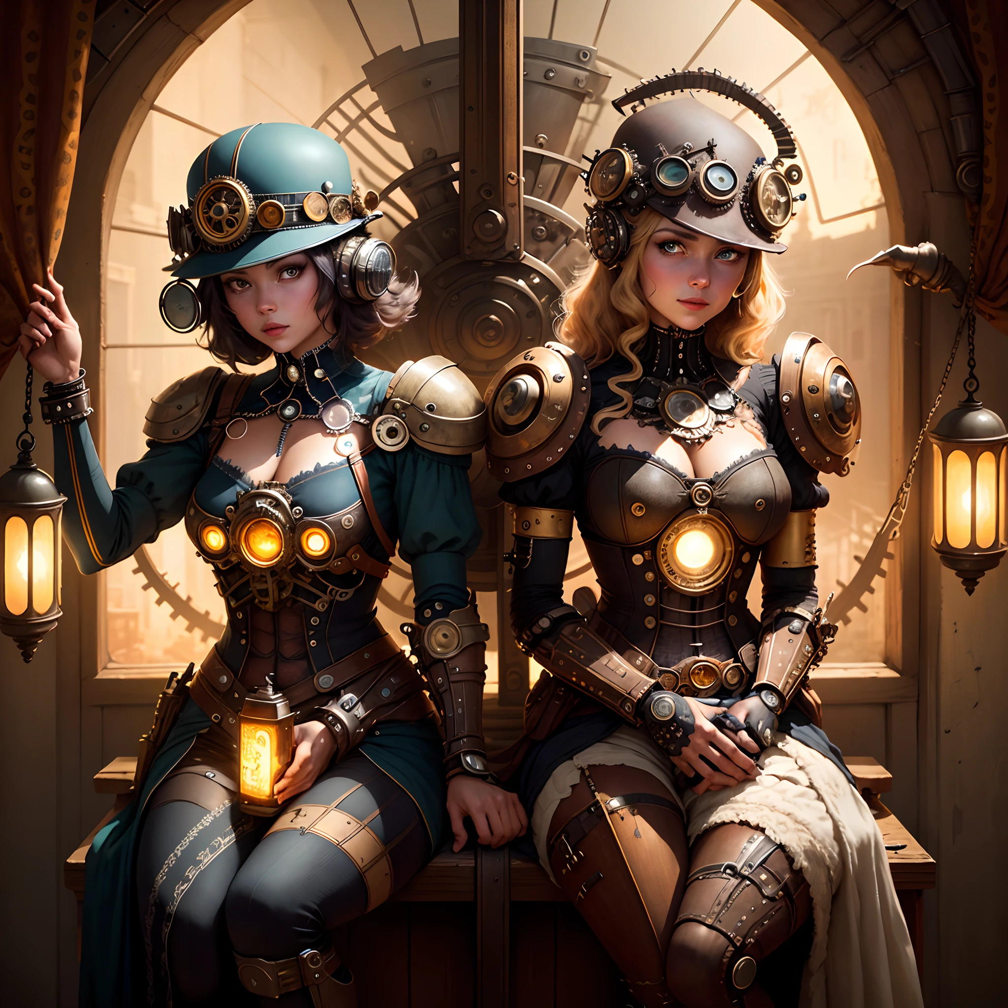 Two people dressed in costumes standing next to each other, in a steampunk world, (steampunk), ( steampunk ), wearing steampunk attire, steampunk, steampunk style, steampunk era, steampunk style, steampunk aesthetic, steampunk fantasy style, steampunk, steampunk, steampunk!, steampunk cyberpunk, dieselpunk setting, steampunk, steampunk setting, steampunk!!!, steampunk clothes