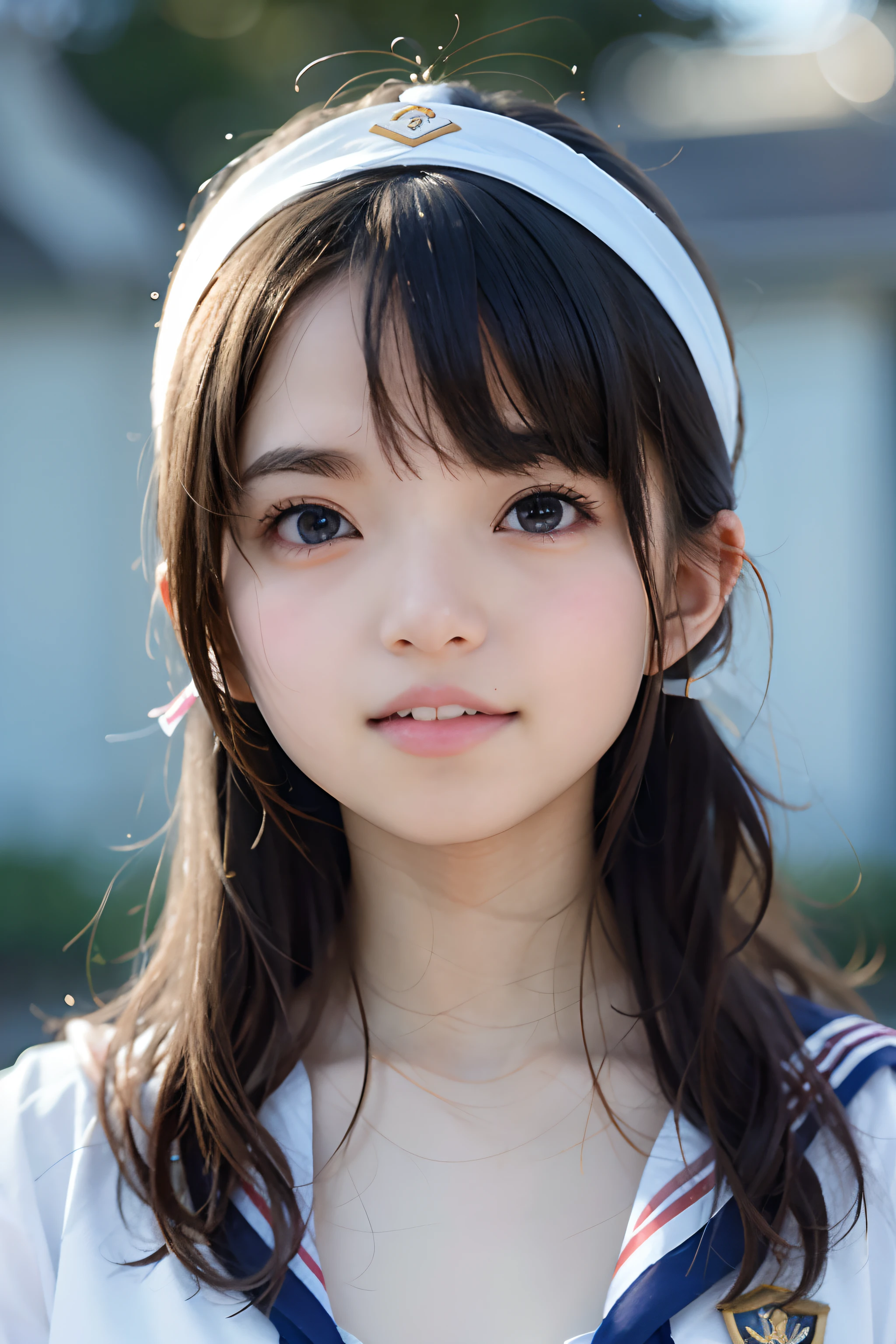 NSFW, 8k RAW photo, ((Sailor School Uniform))top-quality, masterpiece,kawaii faces、dual、 A smile、kawaii faces、超A high resolution, film grains, filmg, 1girl in, looking at the viewers, natural skin textures, realistic eyes and face details, Perfect tooth alignment、Perfect eyes and perfect mouth、 bangss, School swim wear、cparted lips, s lips,childish face,big eyes