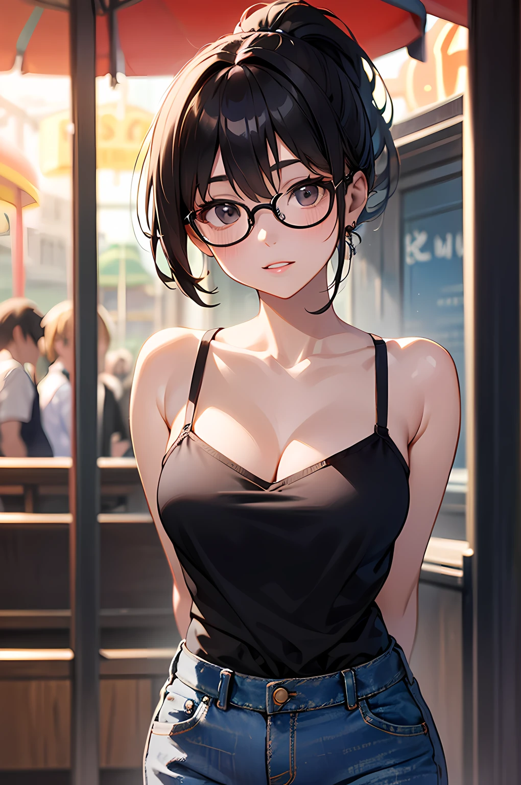 high resolution, Photo of a beautiful woman detailed_face, young handsome girl,realistic:0.5, perfect skin, (wearing a glasses:1.5), from behind:1.5, (ultra-detailed background, detailed background), bokeh, make happy expressions, happy emotion, gorgeous,pure, beautyfull detailed face and eyes,breasts, (black eyes:1.1), (a extremely pretty and beautiful Japanese woman), (sexy girl), (professional attire:1.3), (22 years old: 1.1), BREAK, (lovely outfit:1.2), (detailed blue camisole:1.2), (skinny denim pants:1.2), (leather boots))), cleavage, beautiful detailed skin, (cute:1.2), (black hair), ((jpop idol)), (upper thigh:0.6), (depth of field),soft light, Lens Glow looking at viewer, (Drooping eyes:1.2), straight teeth,smile, floating hair, (black hair:1.2), brown eyes BREAK movie scene, cinematic, full colors, 4k, 8k, 16k, RAW photo, masterpiece, professionally color graded, professional photography, high school girl, hair up, , soft clean focus, realistic lighting and shading, (an extremely delicate and beautiful art)1.3, elegant,active angle,dynamism pose BREAK (ponytail:1.3), (shiny-black thin hair:1.2), bangs, dark brown eyes, beautiful eyes, princess eyes, (big eyes:1.3), bangs, wearing a glasses:1.3, Hair between eyes, short hair:1.3, (slender:1.1), (medium-breasts:0.95), (thin waist: 1.15), (detailed beautiful girl: 1.4), Parted lips, Red lips, full-make-up face, (shiny skin), ((Perfect Female Body)), (upper body image:1.3), Perfect Anatomy, Perfect Proportions, (most beautiful Korean actress face:1.3, extremely cute and beautiful Japanese actress face:1.3), ,(1glasses girl:1.3, solo), ,(blush:1.1), gray background, solo focus, (bust shot:1.2), cinematic light, (nostalgic night scene:1.4), (amusement park:1.4), (merry-go-round、the Ferris wheel、rollercoaster), (arms behind back :1.4), (looking at viewer:1.2