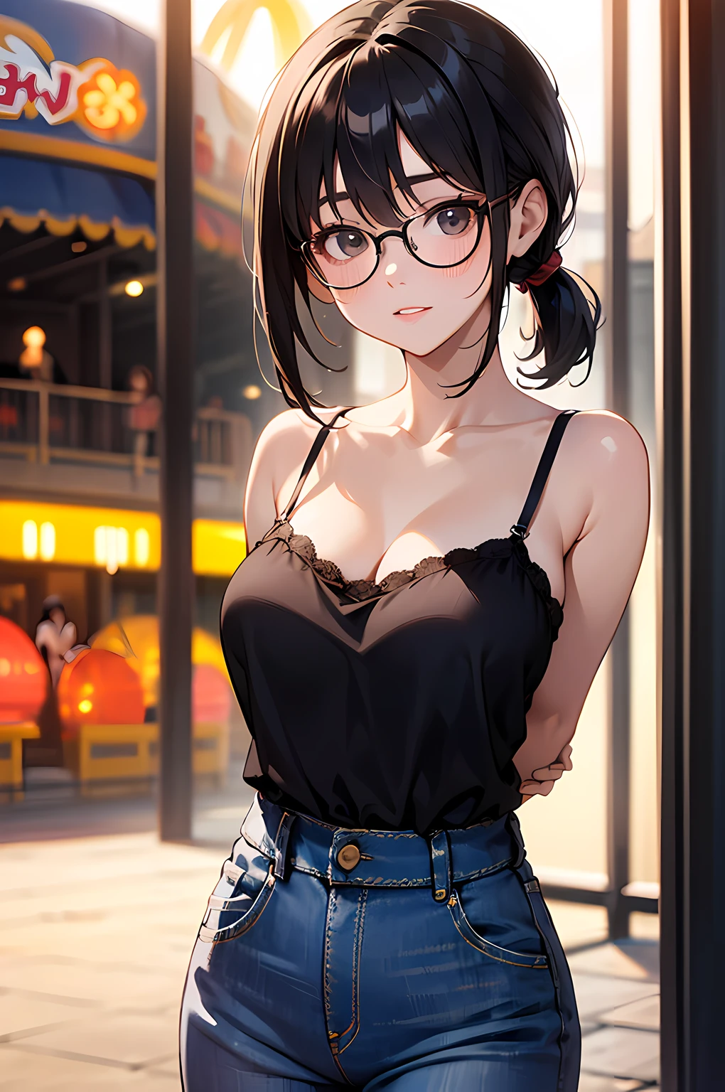 high resolution, Photo of a beautiful woman detailed_face, young handsome girl,realistic:0.5, perfect skin, (wearing a glasses:1.5), from behind:1.5, (ultra-detailed background, detailed background), bokeh, make happy expressions, happy emotion, gorgeous,pure, beautyfull detailed face and eyes,breasts, (black eyes:1.1), (a extremely pretty and beautiful Japanese woman), (sexy girl), (professional attire:1.3), (22 years old: 1.1), BREAK, (lovely outfit:1.2), (detailed blue camisole:1.2), (skinny denim pants:1.2), (leather boots))), cleavage, beautiful detailed skin, (cute:1.2), (black hair), ((jpop idol)), (upper thigh:0.6), (depth of field),soft light, Lens Glow looking at viewer, (Drooping eyes:1.2), straight teeth,smile, floating hair, (black hair:1.2), brown eyes BREAK movie scene, cinematic, full colors, 4k, 8k, 16k, RAW photo, masterpiece, professionally color graded, professional photography, high school girl, hair up, , soft clean focus, realistic lighting and shading, (an extremely delicate and beautiful art)1.3, elegant,active angle,dynamism pose BREAK (ponytail:1.3), (shiny-black thin hair:1.2), bangs, dark brown eyes, beautiful eyes, princess eyes, (big eyes:1.3), bangs, wearing a glasses:1.3, Hair between eyes, short hair:1.3, (slender:1.1), (medium-breasts:0.95), (thin waist: 1.15), (detailed beautiful girl: 1.4), Parted lips, Red lips, full-make-up face, (shiny skin), ((Perfect Female Body)), (upper body image:1.3), Perfect Anatomy, Perfect Proportions, (most beautiful Korean actress face:1.3, extremely cute and beautiful Japanese actress face:1.3), ,(1glasses girl:1.3, solo), ,(blush:1.1), gray background, solo focus, (bust shot:1.2), cinematic light, (nostalgic night scene:1.4), (amusement park:1.4), (merry-go-round、the Ferris wheel、rollercoaster), (arms behind back :1.4), (looking at viewer:1.2