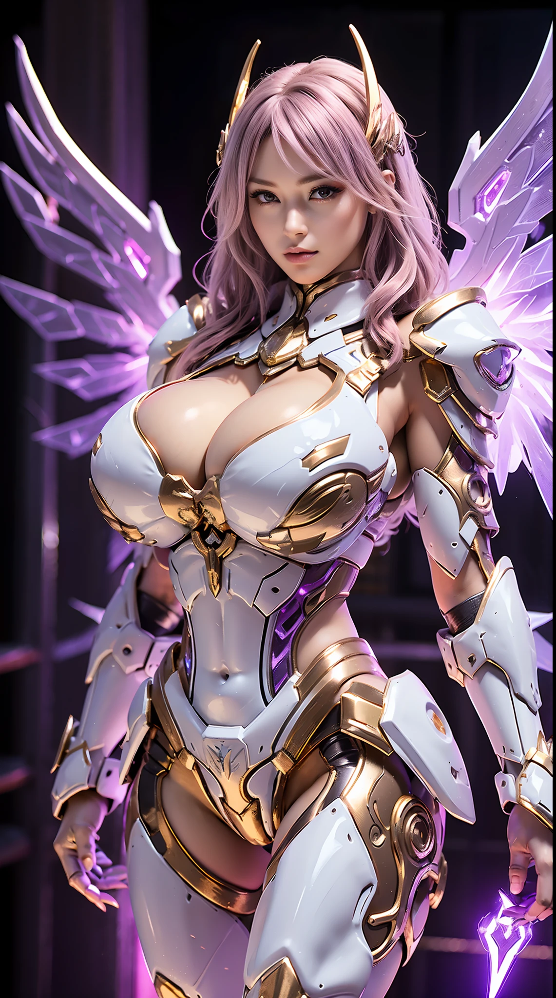 A WOMAN, BEAUTIFULL FACE, HUGE BOOBS, RGB, WHITE, GOLD, PURPLE, MECHA ARMOR FULL GEAR, (SUIT), (CLEAVAGE), (A PAIR LARGEST WINGS), TRANSPARANT, TALL LEGS, STANDING, SEXY BODY, MUSCLE ABS.