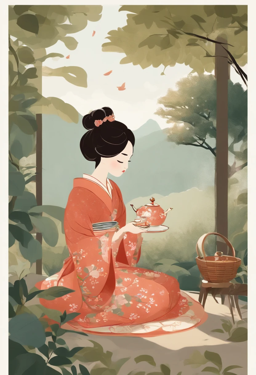 Fairytale illustration by Reiko Ikemura, Pixabay, Art simple, Illustration en couleur, Cute fairy tale illustration, Picture book illustration, illustration, girl picking tea in the style of Hayao Miyazaki, Sur le terrain, kimono, kimono