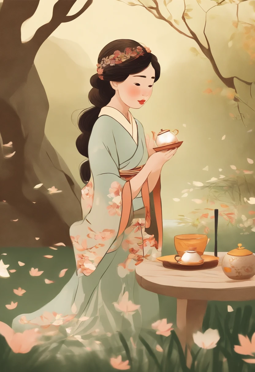 Fairytale illustration by Reiko Ikemura, Pixabay, Art simple, Illustration en couleur, Cute fairy tale illustration, Picture book illustration, illustration, girl picking tea in the style of Hayao Miyazaki, Sur le terrain, kimono, kimono