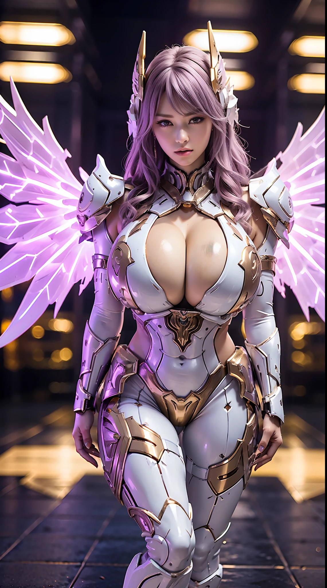 A WOMAN, BEAUTIFULL FACE, HUGE BOOBS, RGB, WHITE, GOLD, PURPLE, MECHA ARMOR FULL GEAR, (SUIT), (CLEAVAGE), (A PAIR LARGEST WINGS), TRANSPARANT, TALL LEGS, STANDING, SEXY BODY, MUSCLE ABS.