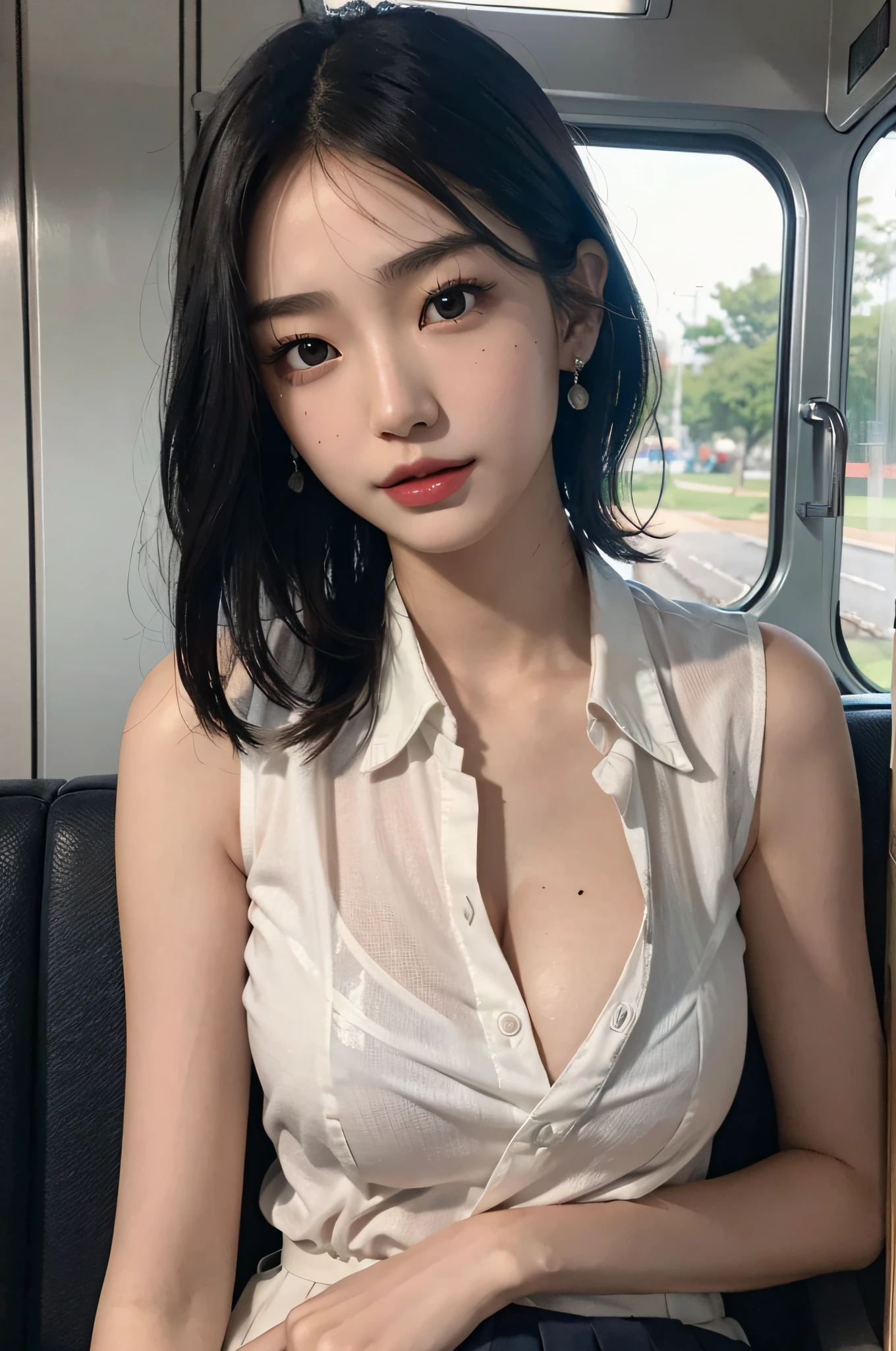 (very huge round breasts, perfect anatomy:1.3), (full body shot:1.2), (short hair, wavy hair:1.1), (Korean school uniform, summer school uniform shirt sleeveless:1.1), RAW photo, extremely delicate and beautiful, masterpiece, Best Quality, ultra high resolution, 16k, hyperrealistic, ultra-detailed, Very detailed CG 8k wallpaper, Beautiful Lighting, Perfect Lightning, Realistic Shadows, super Detailed shiny skin, perfect figure, Japanese woman, late 20s, very Slim body, narrow waist, very small head, handsome detailed woman, very detailed eyes and face, realistic face proportions, Stunning detailed eyes, Realistic beautiful face, very small face, Realistic small beautiful eyes, double eyelids, makeup, tearful mole, mole on chest, earring, on the train,