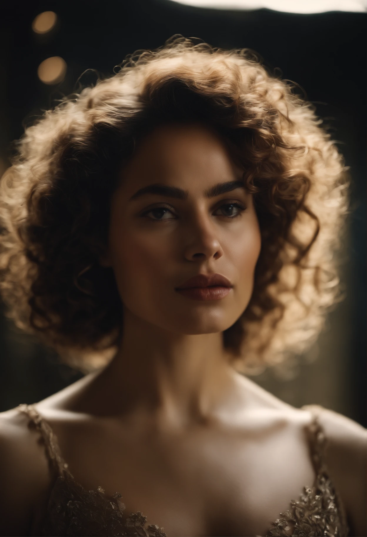 Femme metisse, seins moyeun, curly hair, pouty lips, porter une robe sublime et claquette