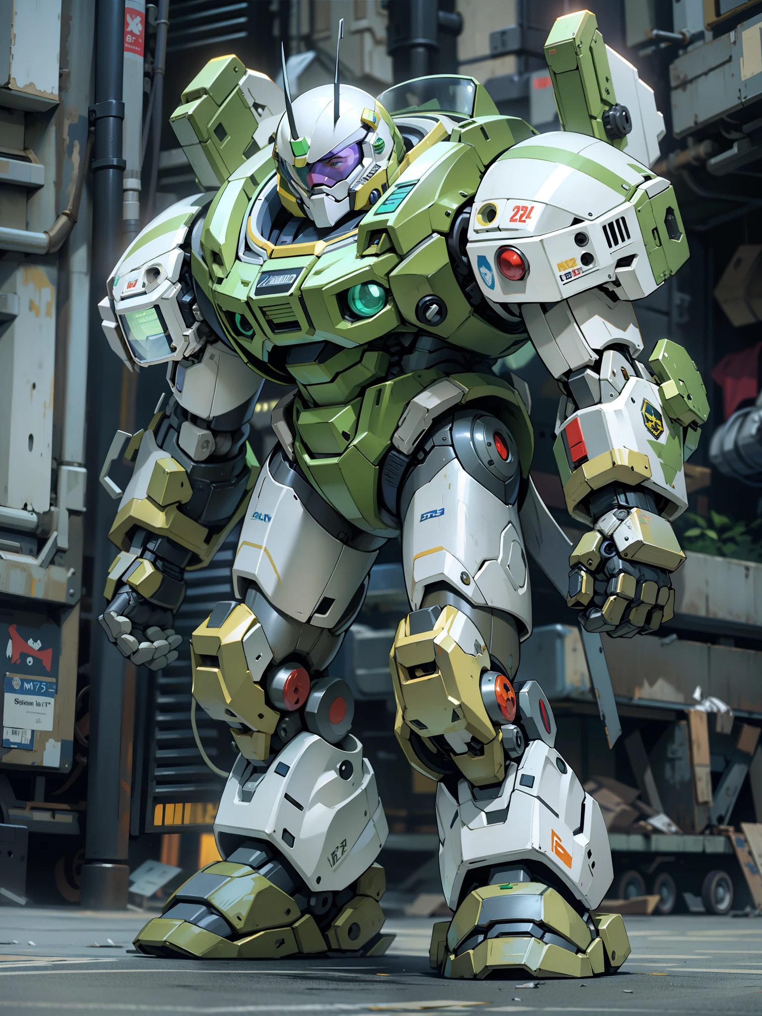 ((masterpiece)), ((best quality)), 8k, high detailed, ultra-detailed, mechanical buzz lightyear head, wearing astronaut mech clothing, astronaut helmet, bulky armor, massive weapon, batman element, green and white color, big mecha robot