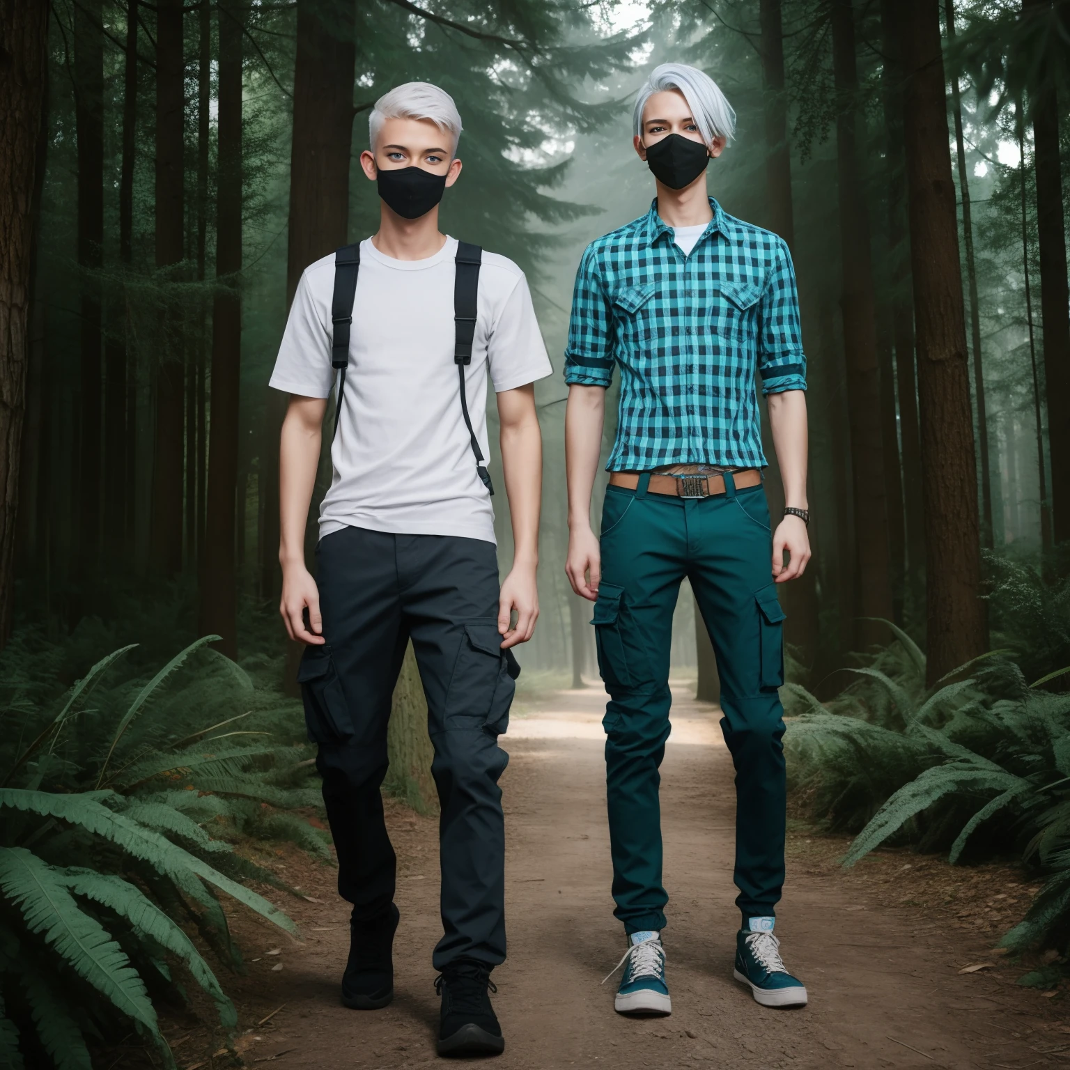 Teen male posing, cargo pants, skinny body, atmospheric, cute face, cyan white hair, mask, dead inside, plaid shirt, forest, full body view