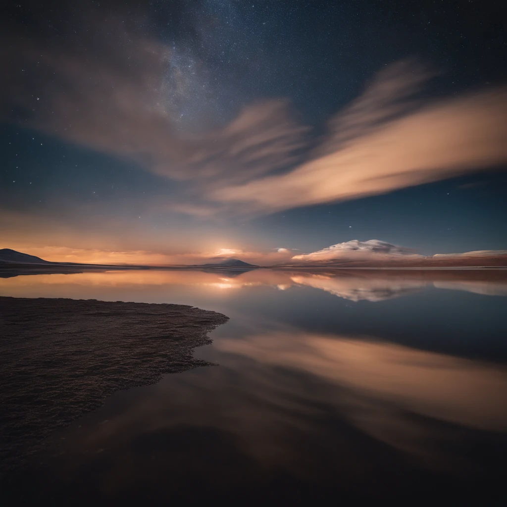 Beautiful picture of the starry sky、magnifica、milky ways:1.25、Large expanses of water with clouds in the sky, In the Salar de Uyuni, Amazing reflection of the sky, incredible reflections, Beautiful reflection, stunning photo, epic and stunning, Cross the horizon