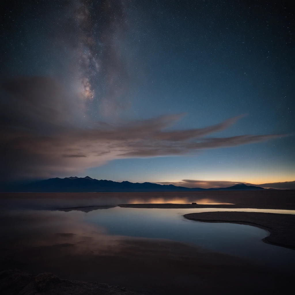 Beautiful picture of the starry sky、magnifica、milky ways:1.25、Large expanses of water with clouds in the sky, In the Salar de Uyuni, Amazing reflection of the sky, incredible reflections, Beautiful reflection, stunning photo, epic and stunning, Cross the horizon