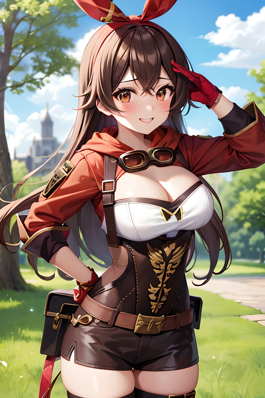Amber 5 Star, A smile, red blush, plein air, tag, simple background,