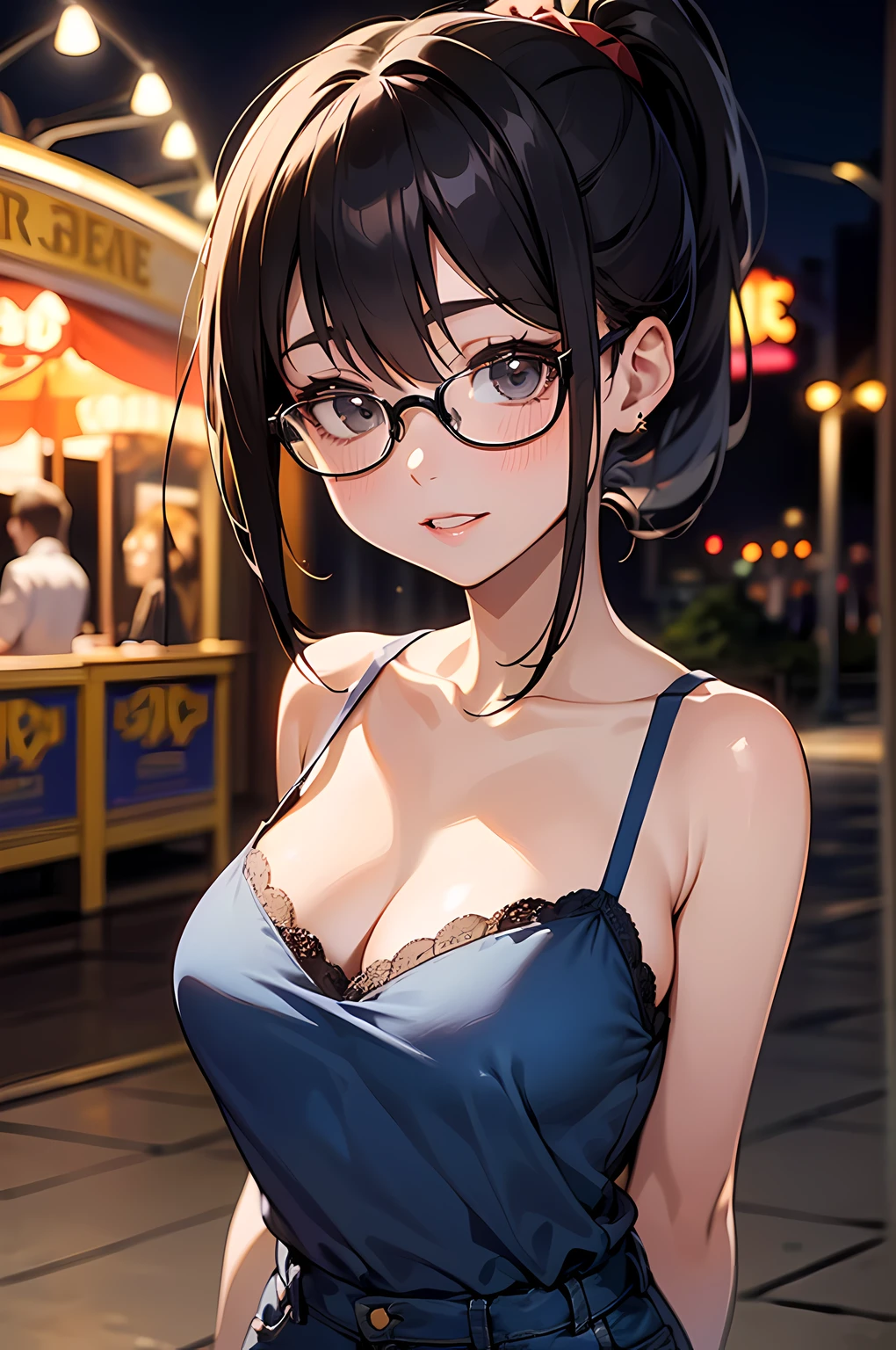 high resolution, Photo of a beautiful woman detailed_face, young handsome girl,realistic:0.5, perfect skin, (wearing a glasses:1.5), from behind:1.5, (ultra-detailed background, detailed background), bokeh, make happy expressions, happy emotion, gorgeous,pure, beautyfull detailed face and eyes,breasts, (black eyes:1.1), (a extremely pretty and beautiful Japanese woman), (sexy girl), (professional attire:1.3), (22 years old: 1.1), BREAK, (lovely outfit:1.2), (detailed blue camisole:1.2), (skinny denim pants:1.2), (leather boots))), cleavage, beautiful detailed skin, (cute:1.2), (black hair), ((jpop idol)), (upper thigh:0.6), (depth of field),soft light, Lens Glow looking at viewer, (Drooping eyes:1.2), straight teeth,smile, floating hair, (black hair:1.2), brown eyes BREAK movie scene, cinematic, full colors, 4k, 8k, 16k, RAW photo, masterpiece, professionally color graded, professional photography, high school girl, hair up, , soft clean focus, realistic lighting and shading, (an extremely delicate and beautiful art)1.3, elegant,active angle,dynamism pose BREAK (ponytail:1.3), (shiny-black thin hair:1.2), bangs, dark brown eyes, beautiful eyes, princess eyes, (big eyes:1.3), bangs, wearing a glasses:1.3, Hair between eyes, short hair:1.3, (slender:1.1), (medium-breasts:0.95), (thin waist: 1.15), (detailed beautiful girl: 1.4), Parted lips, Red lips, full-make-up face, (shiny skin), ((Perfect Female Body)), (upper body image:1.3), Perfect Anatomy, Perfect Proportions, (most beautiful Korean actress face:1.3, extremely cute and beautiful Japanese actress face:1.3), ,(1glasses girl:1.3, solo), ,(blush:1.1), gray background, solo focus, (bust shot:1.2), cinematic light, (nostalgic night scene:1.4), (amusement park:1.4), (merry-go-round、the Ferris wheel、rollercoaster), (arms behind back :1.4), (looking at viewer:1.2