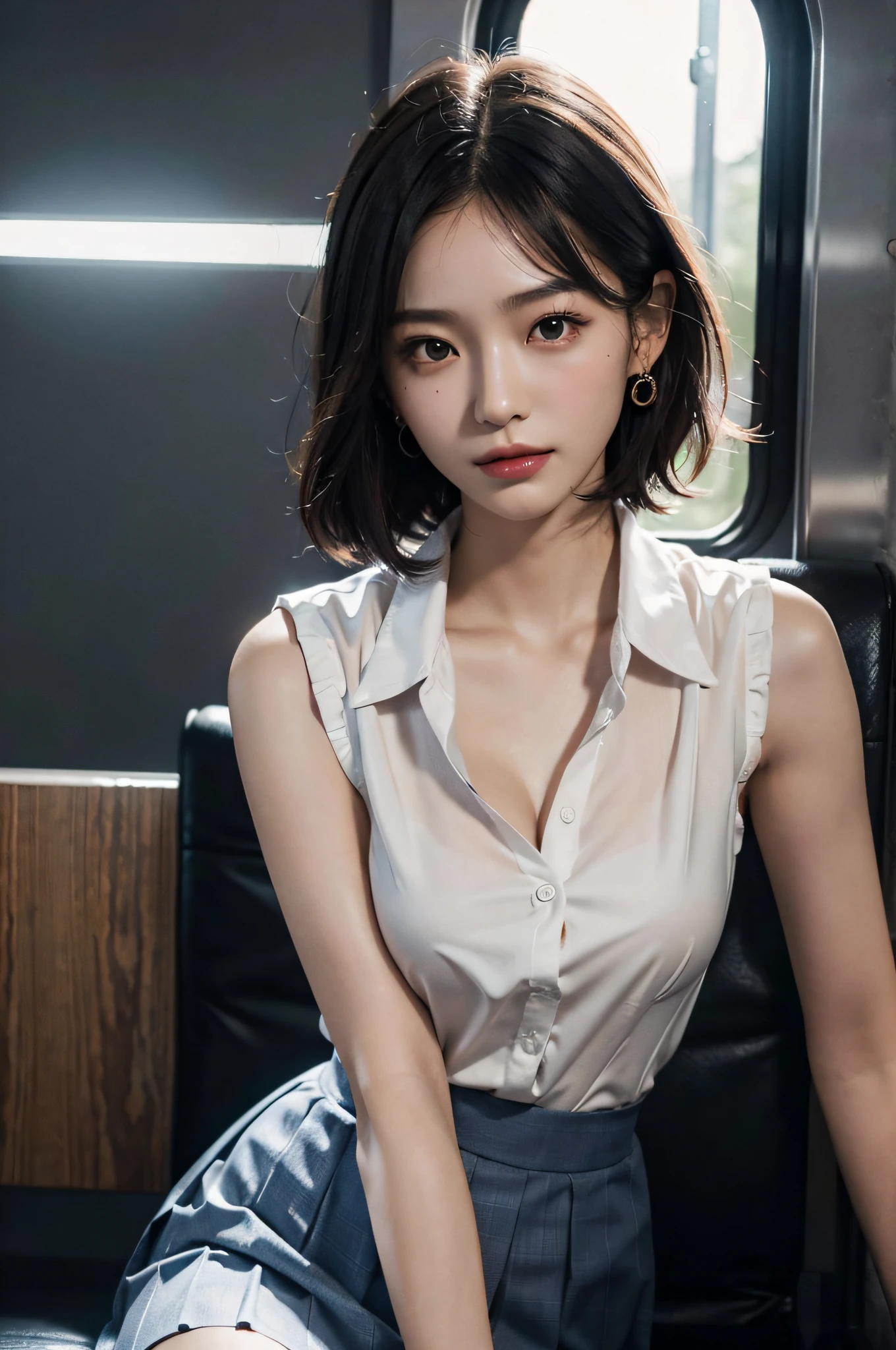 (very huge round breasts:1.3), (full body shot), (short hair, wavy hair), (school uniform, summer school uniform shirt, skirt, sleeveless:1.2), RAW photo, extremely delicate and beautiful, masterpiece, Best Quality, ultra high resolution, 16k, hyperrealistic, ultra-detailed, Very detailed CG 8k wallpaper, Beautiful Lighting, Perfect Lightning, Realistic Shadows, perfect anatomy, super Detailed shiny skin, perfect figure, Japanese woman, late 20s, very Slim body, narrow waist, very small head, handsome detailed woman, very detailed eyes and face, realistic face proportions, Stunning detailed eyes, Realistic beautiful face, very small face, Realistic small beautiful eyes, double eyelids, makeup, tearful mole, mole on chest, earring,