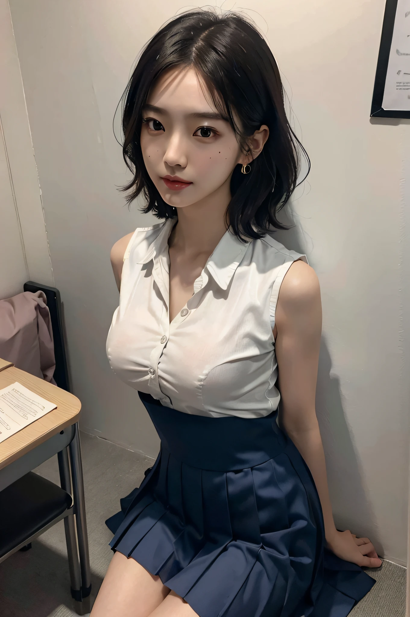 (very huge round breasts, perfect anatomy:1.3), (full body shot:1.4), (short hair, wavy hair:1.1), (Korean school uniform, summer school uniform shirt sleeveless:1.3), RAW photo, extremely delicate and beautiful, masterpiece, Best Quality, ultra high resolution, 16k, hyperrealistic, ultra-detailed, Very detailed CG 8k wallpaper, Beautiful Lighting, Perfect Lightning, Realistic Shadows, super Detailed shiny skin, perfect figure, Japanese woman, late 20s, very Slim body, narrow waist, very small head, handsome detailed woman, very detailed eyes and face, realistic face proportions, Stunning detailed eyes, Realistic beautiful face, very small face, Realistic small beautiful eyes, double eyelids, makeup, tearful mole, mole on chest, earring,