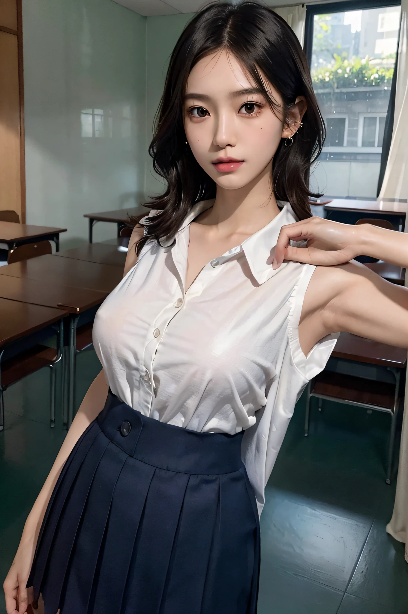 (very huge round breasts, perfect anatomy:1.3), (full body shot:1.4), (short hair, wavy hair:1.1), (Korean school uniform, summer school uniform shirt sleeveless:1.3), RAW photo, extremely delicate and beautiful, masterpiece, Best Quality, ultra high resolution, 16k, hyperrealistic, ultra-detailed, Very detailed CG 8k wallpaper, Beautiful Lighting, Perfect Lightning, Realistic Shadows, super Detailed shiny skin, perfect figure, Japanese woman, late 20s, very Slim body, narrow waist, very small head, handsome detailed woman, very detailed eyes and face, realistic face proportions, Stunning detailed eyes, Realistic beautiful face, very small face, Realistic small beautiful eyes, double eyelids, makeup, tearful mole, mole on chest, earring,