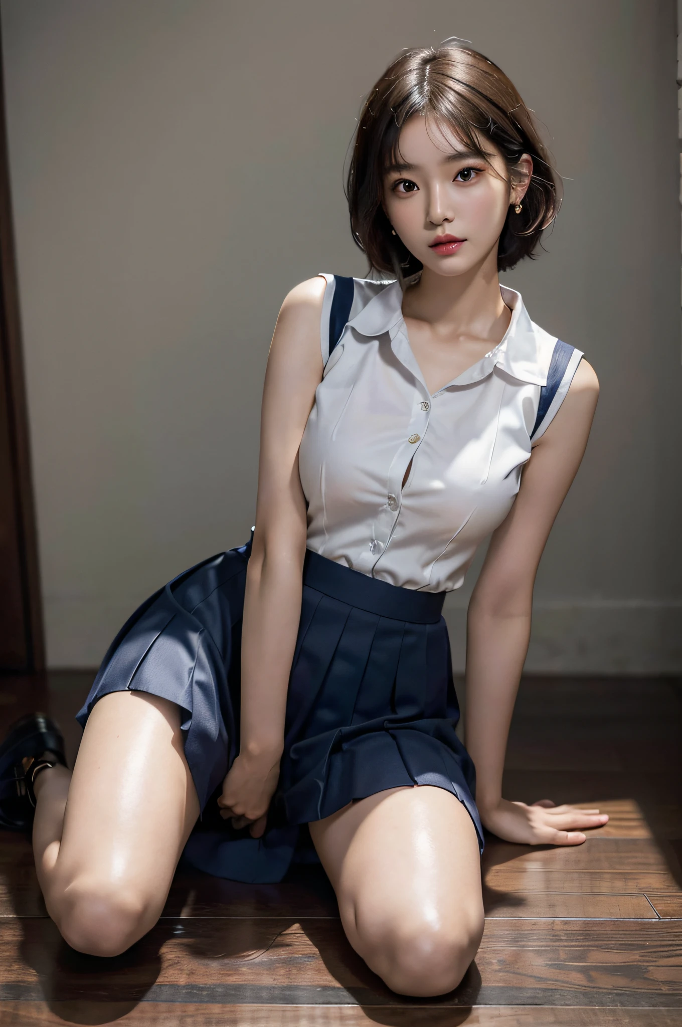 (very huge round breasts, perfect anatomy:1.3), (full body shot:1.4), (short hair, wavy hair:1.1), (Korean school uniform, summer school uniform shirt sleeveless:1.3), RAW photo, extremely delicate and beautiful, masterpiece, Best Quality, ultra high resolution, 16k, hyperrealistic, ultra-detailed, Very detailed CG 8k wallpaper, Beautiful Lighting, Perfect Lightning, Realistic Shadows, super Detailed shiny skin, perfect figure, Japanese woman, late 20s, very Slim body, narrow waist, very small head, handsome detailed woman, very detailed eyes and face, realistic face proportions, Stunning detailed eyes, Realistic beautiful face, very small face, Realistic small beautiful eyes, double eyelids, makeup, tearful mole, mole on chest, earring,