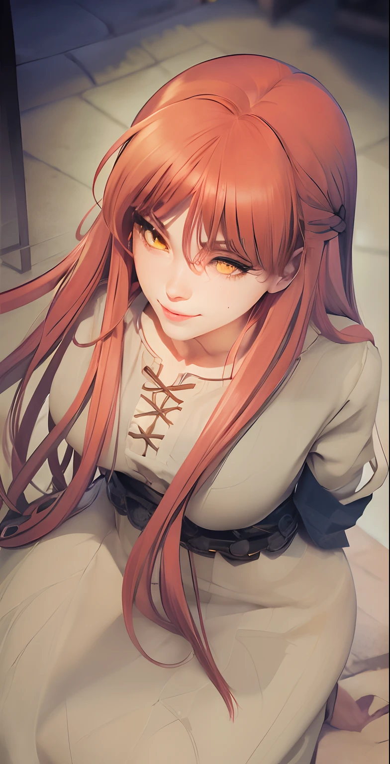 (best quality, masterpiece, highest detailed) realistic dark orange hair, detailed yellow eyes color, detailed pupils, colorful, bushy hair, beautiful eyes, bushy poni hair, wear slave clothes, long skirt, dirty clothes, hands tied behind her back, stomach and hands bound by black chains, sweating on face, pale skin, white skin, fitness body, wear plain cloth, without wearing underwear, big smile, thin lips, pink lips, beautiful, seductive face, serious face, teen face, young, young face, beautiful face, cute, cute face, realistic, remove background, castle prison, dark room