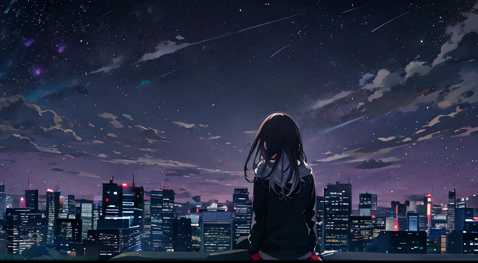 octans, sky, star (sky), scenery, starry sky, night, 1girl, night sky, solo, outdoors, building, cloud, milky way, sitting, tree, long hair, city, silhouette, cityscape