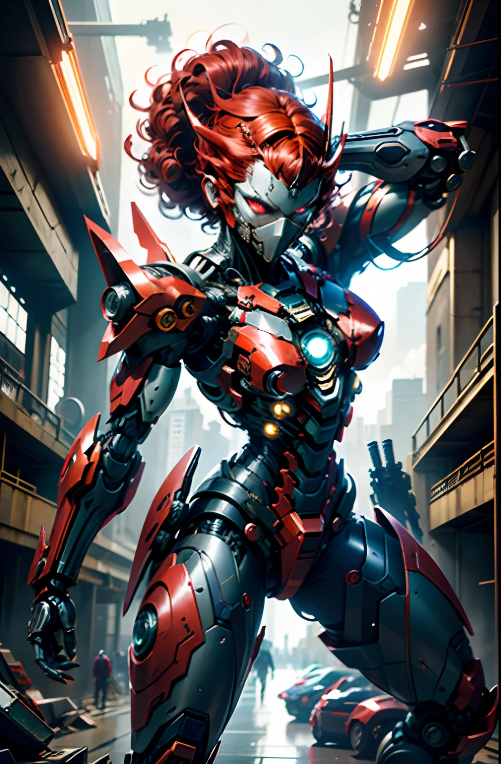 Fantasy、Wearing a mask、、Red hair color、Short perm、Curly hair、cyberpunked、(Double Sword、Scorpion Cyborg Woman、Das Veilchen:1.1)、1 woman、small tits、Mechanical technology、Robot Presence、Ninja-like fighting stance、Cybernetic Guardian、