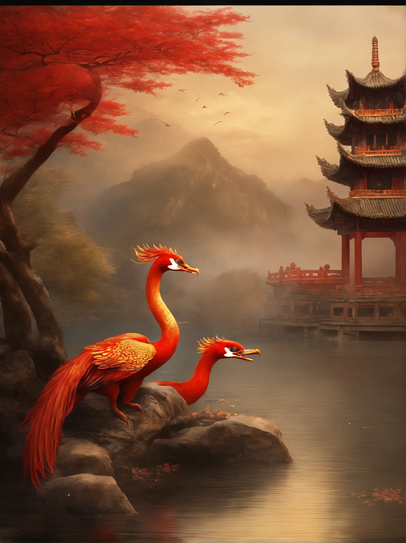 fenghuang，Flying Phoenix，chinesedragon，Dutch Golden Age painting, Fuji colors, Sparkle, Blurry, fading border, round corners, partial underwater shot, Masterpiece, Award-Awarded, A high resolution, 1080p, 8K,in a red dream world, A beautiful artwork illustration, There is a red poster，There are pictures of pagodas and flowers on it,fenghuang，Flying Phoenix，chinesedragon，Dutch Golden Age painting, Fuji colors, Sparkle, Blurry, fading border, round corners, partial underwater shot, Masterpiece, Award-Awarded, A high resolution, 1080p, 8K,in a red dream world, A beautiful artwork illustration, There is a red poster，There are pictures of pagodas and flowers on it