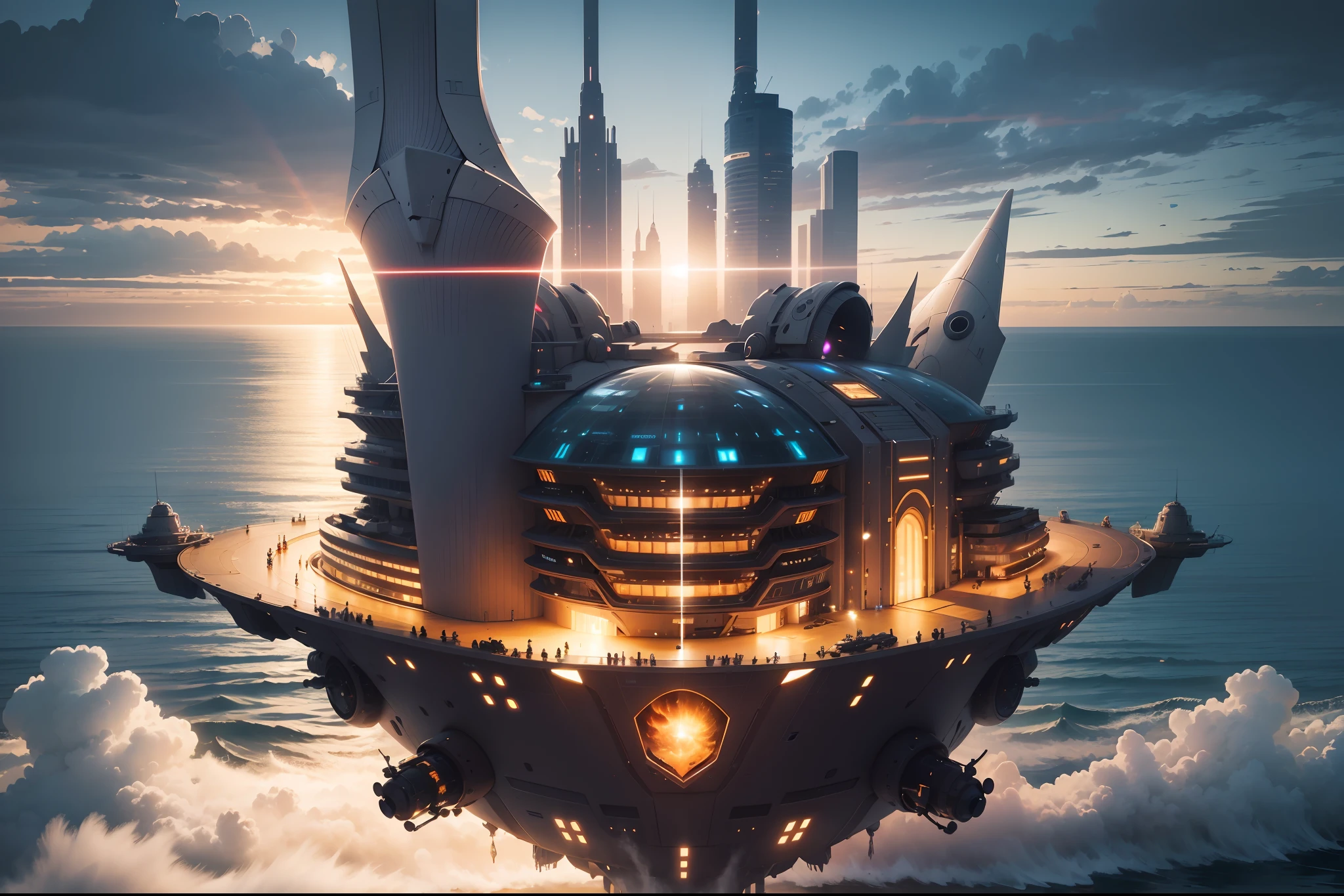 (globalillumination、radiography、hdr、The rendering is not realistic、reasonable design、high detal、in a panoramic view、best qualtiy、hyper HD)On the sea,A giant spaceship in animal form,Huge mobile flying city,The entire ship is protected by an energy shield