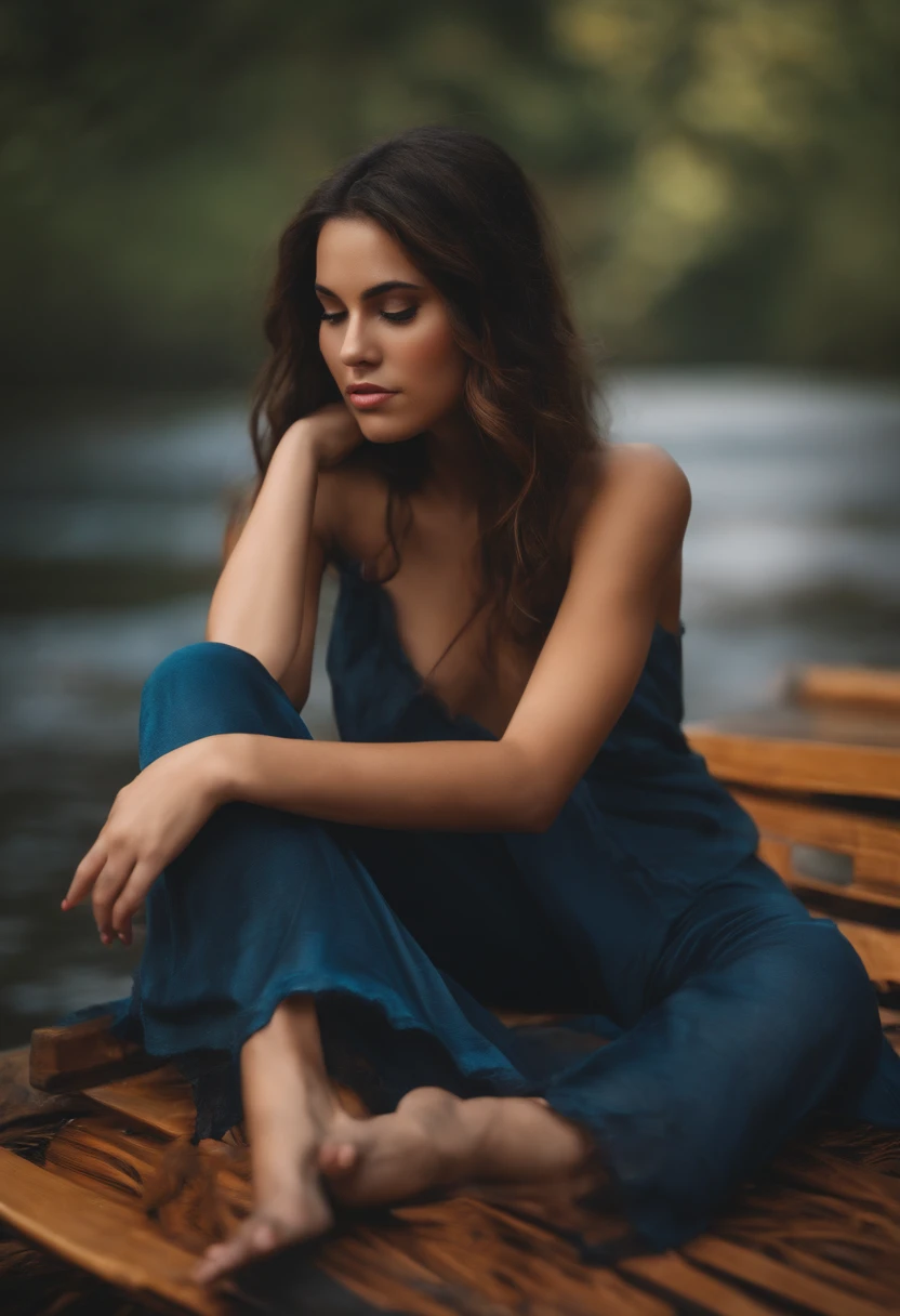 dark hair woman sitting on a bench with her legs crossed, stunning elegant pose ,totally naked, show huge breast, shot by side, see to viewer,