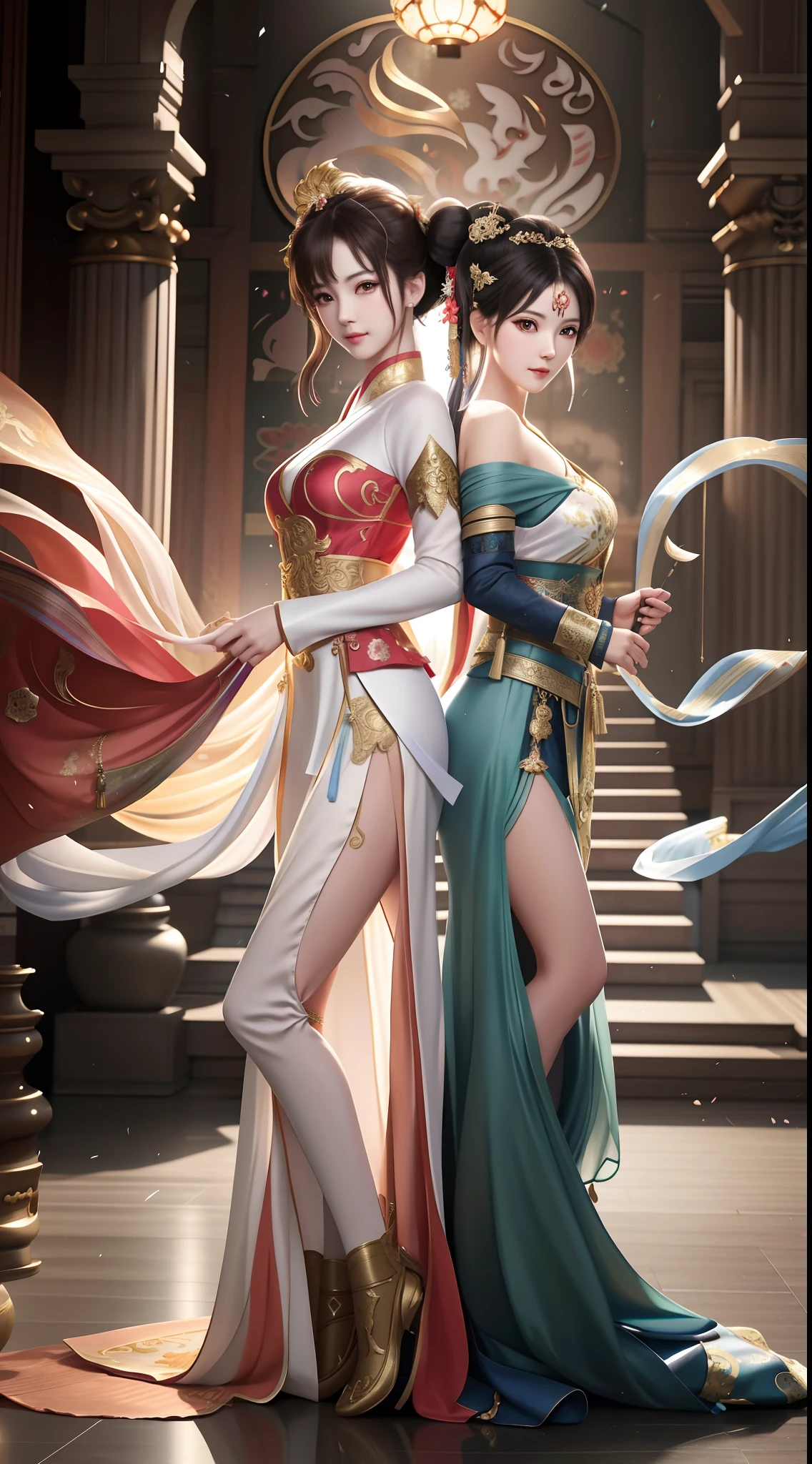 Two women dressed in oriental costumes stood side by side, WLOP and Sakimichan, wlop and ross thran, WLOP et Artgerm, Ruan Jia and Artgerm, WLOP Art, wlop and andrei riabovitchev, Artgerm et WLOP, Flowing robes, ross tran and wlop, style of wlop