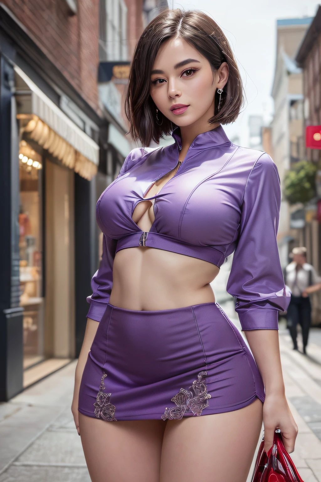 1beautiful woman, Mature, hyperdetailed face, A detailed eye, Double eyelids, Slightly thicker detail lip, short-haired black-haired, (Light purple fancy blouse:1.2), (Red tight mini skirt:1.2), Light pink panties, (Colossal tits:1.3), lightsmile, Cowboy Shot, thighs thighs thighs thighs, Perfect litthing, (Photorealsitic:1.4), (ultra-detailliert), (top-quality), (Best Shadows), (masterpiece), Ultra High Resolution, Background with: (the city street)