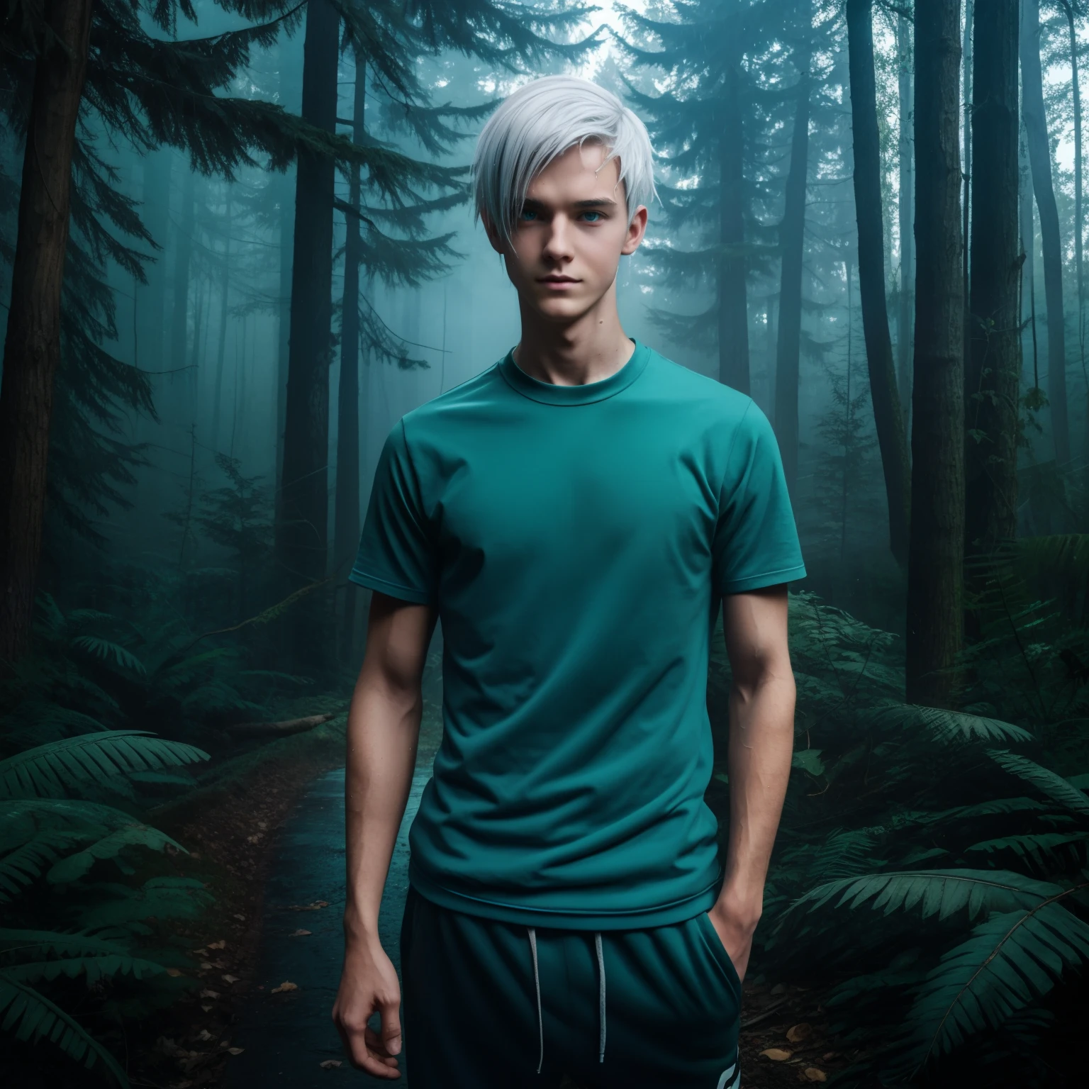 Teen male posing, sweatpants, skinny body, atmospheric, cute face, cyan white hair, dead inside, plaid shirt, forest, wet, metal robot face, eye implant