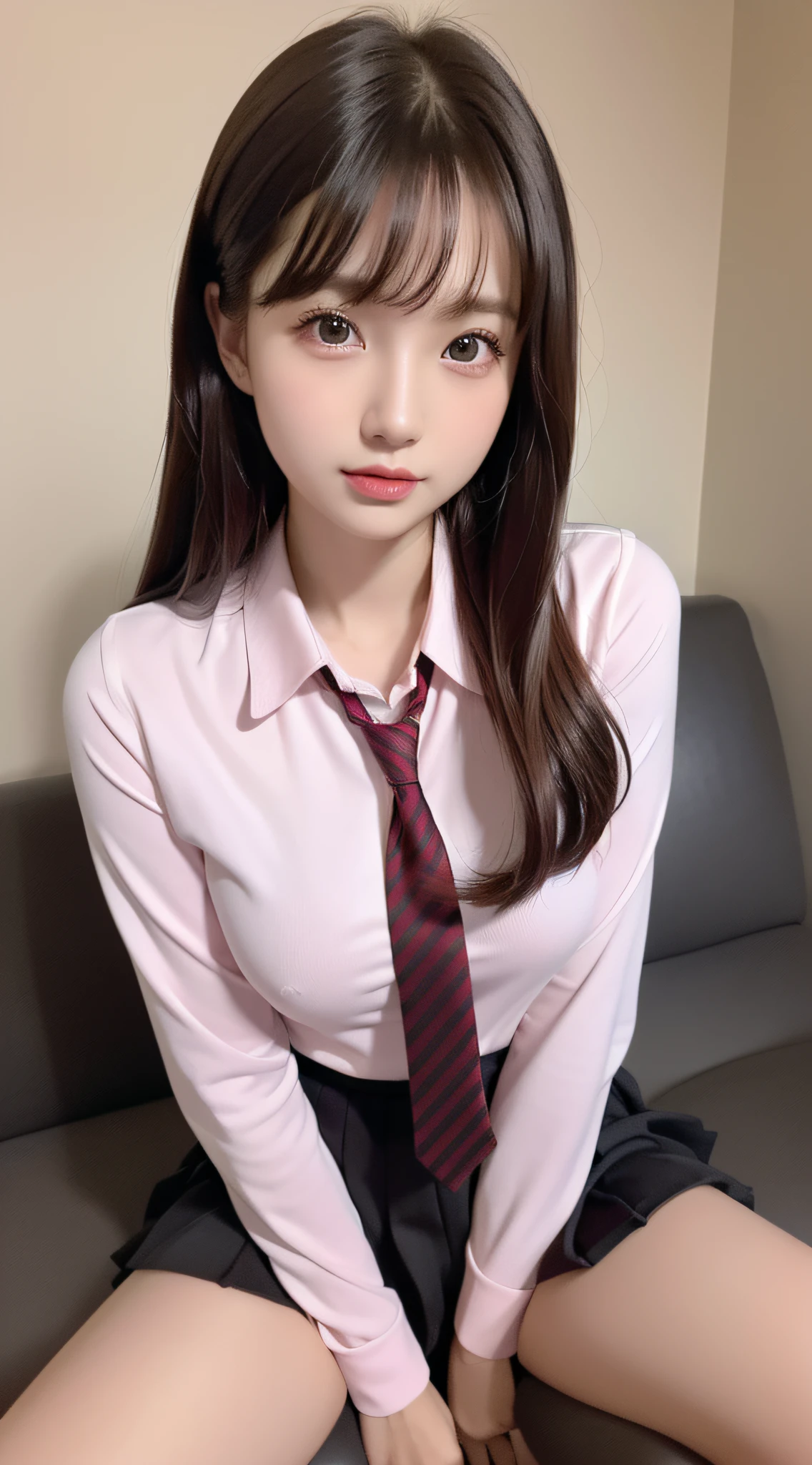 (1girl), ((Best Quality)), (Ultra-detailed), (extremely detailed CG unified 8k wallpaper), Highly detailed, High-definition raw color photos, Professional Photography, Peanut butter brown hair, Amazing face and eyes, Pink eyes, (amazingly beautiful girl), School, (High School Uniform), Sitting, (Spread your legs wide open),