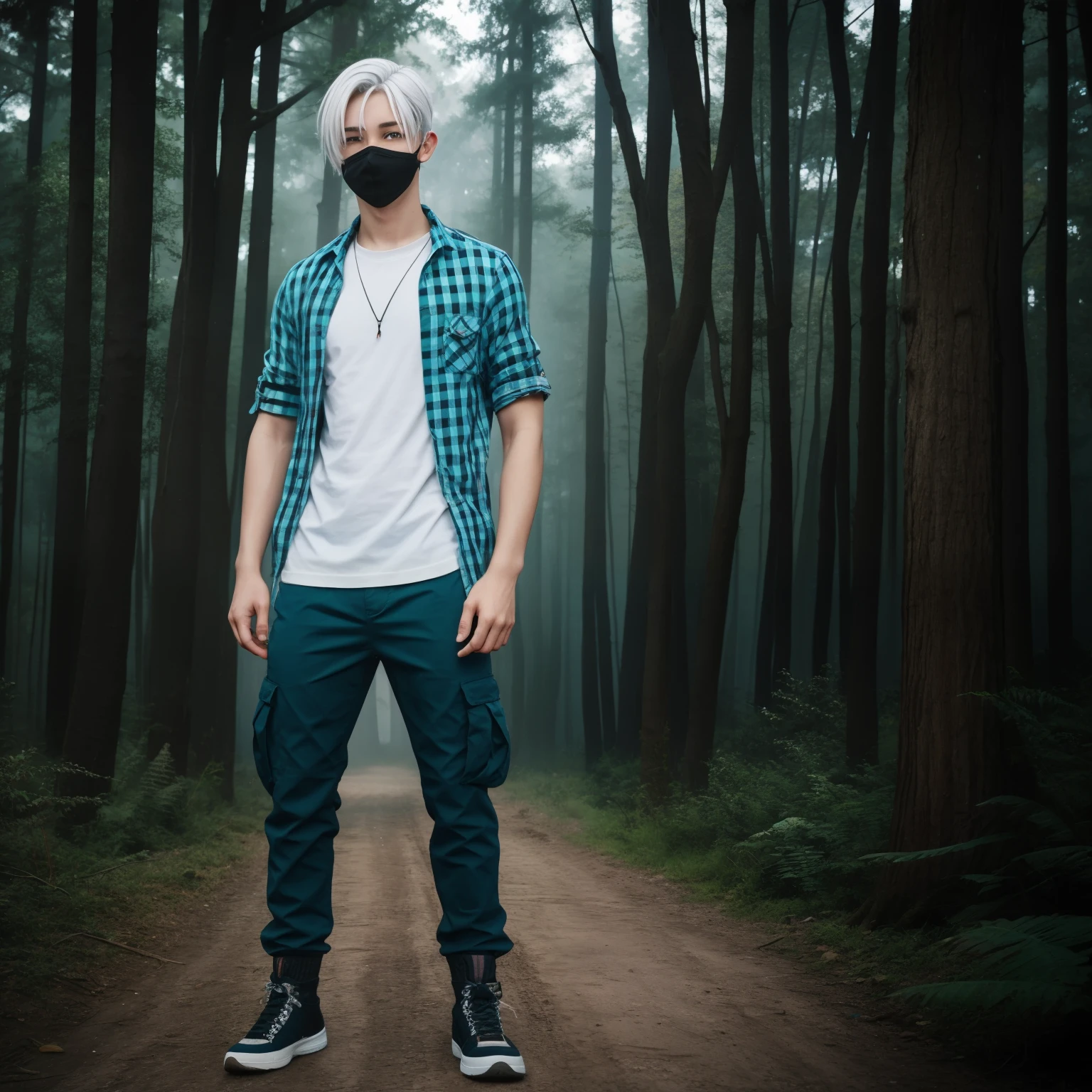 male posing, cargo pants, tone body, atmospheric, cute face, cyan white hair, mask, dead inside, plaid shirt, forest, full body view