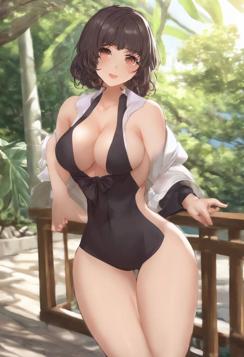 Una imagen de dibujos animados de una mujer en bikini y medias, Ropa reveladora, OPPAI,sexy, seductora chica de anime, pecho de barril, Shikamimi, Traje revelador, pechos grandes!, Pechos incubiertos y NSFW, Omina Tachibana, Thicc, escote, Makoto Shinka, is wearing a swimsuit, Proporciones OPPAI