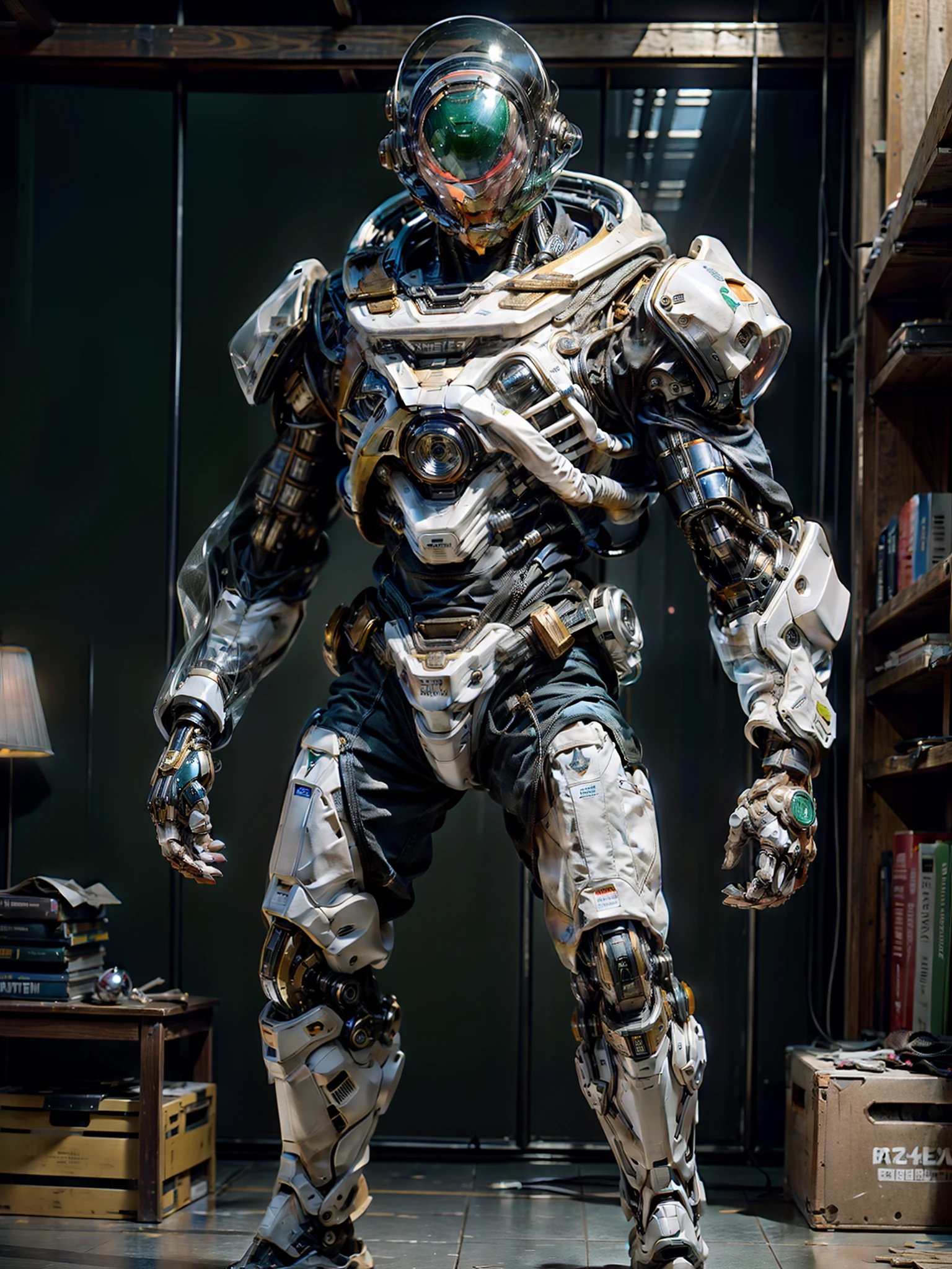 ((masterpiece)), ((best quality)), full body shot, 8k, high detailed, ultra-detailed, mechanical buzz lightyear head, wearing astronaut mech clothing, astronaut glass orb helmet, glass helmet, bulky armor, massive weapon, samurai element, green and white color, big mecha robot
