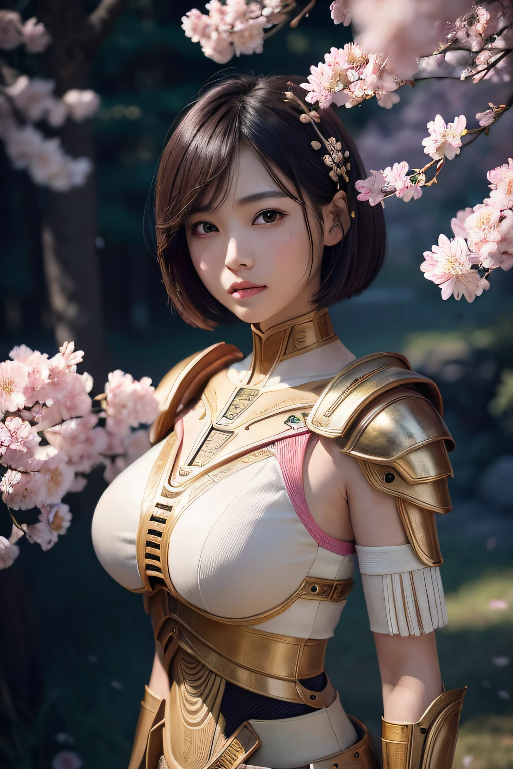 beautiful japanese young woman, wearing cyborg armor made of papyrus, thick symmetrical features, very short hair, background is cherry blossoms, pink aura, red lips, octane render,