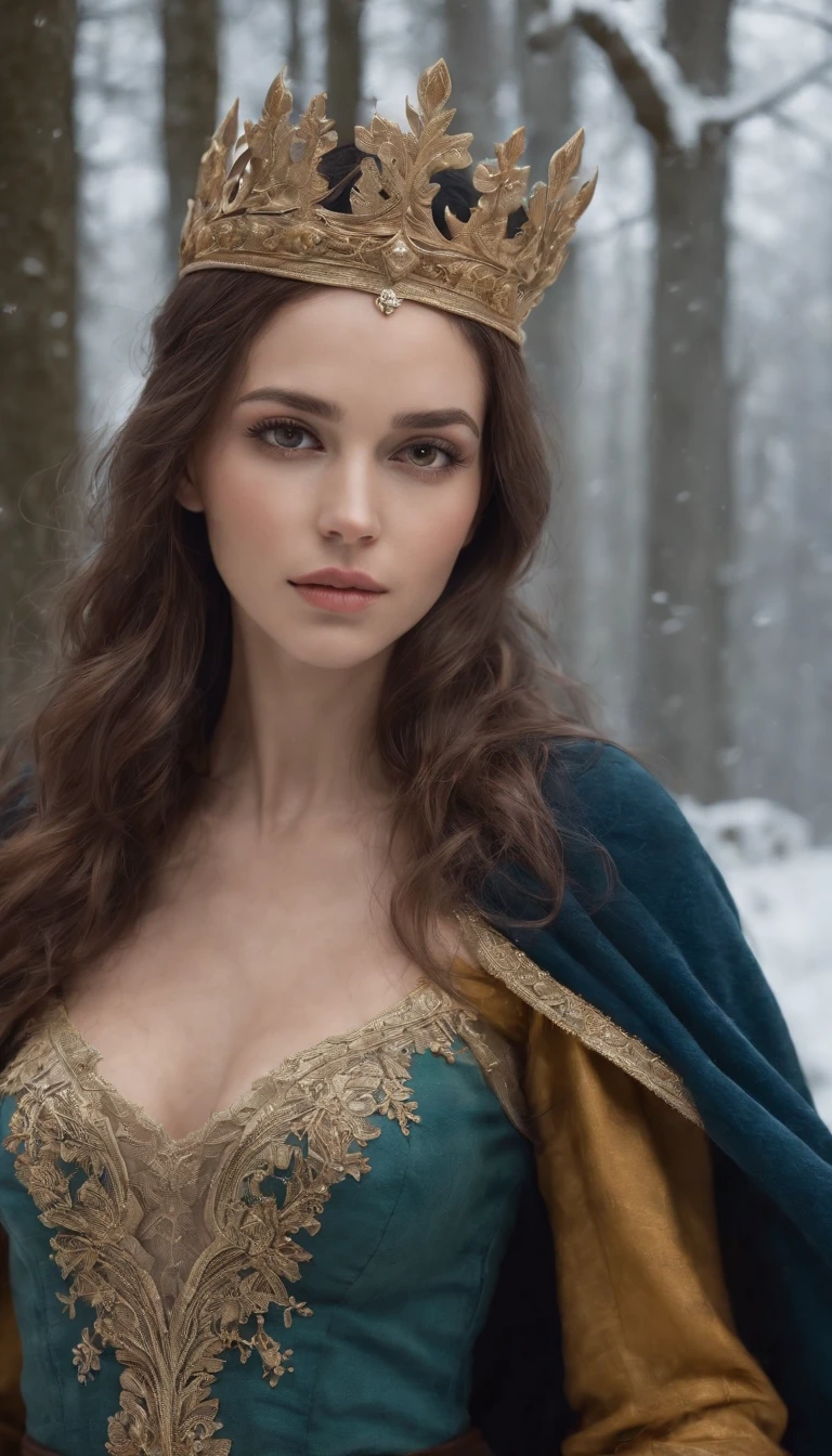 Sexy Woman in sexy lingerie with an ice tiara on her head and a navy blue winter cloak with golden details, broche de floco de neve. longos cabelos pretos. rainha do inverno, princesa elfa, retrato de uma rainha elfa, rainha elfa, princesa inverno, uma rainha elfa, artgerm em artstation pixiv, bela e elegante rainha elfa, corpo inteiro. Standing in the snow in front of a large icy castle. Personagem de RPG. Era medieval. Mulher elfa. Elfa de cabelos ruivos. Olhos azuis. Elfa da floresta. Elfa Guerreira da floresta. Elfa arqueira. Arqueira medieval. Arco e Flecha. Organic Amadura. Armadura verde musgo. soft ilumination. Standing in the middle of the forest. Floresta densa. Cogumelos bioluminescentes. fantastical setting. Luz do dia. Luz solar. realces de cores quentes. Paleta verde azul e amarelo. RPG Character design. modelo ig | artgerm, :: rossdraws, obra de arte no estilo de guweiz, extremamente detalhada artgerm. corpo inteiro, fundo detalhado de um castelo, hiper detalhado, rosto detalhado, por lee jeffries, Nikon d850, filme fotografia de estoque ,4 kodak portra 400, F1 camera lens.6, cores ricas, hiper realista, textura realista, lighting dramatic, cinestill 800 (8k, Foto RAW, melhor qualidade, obra-prima: 1.2), ultra-detalhado, (pele altamente detalhada: 1.2), 8k UHD, DSLR, soft ilumination, alta qualidade.modelo ig | artgerm, :: rossdraws, obra de arte no estilo de guweiz, extremamente detalhada artgerm. corpo inteiro, fundo detalhado de um castelo, hiper detalhado, rosto detalhado, por lee jeffries, Nikon d850, filme fotografia de estoque ,4 kodak portra 400, F1 camera lens.6, cores ricas, hiper realista, textura realista, lighting dramatic, cinestill 800